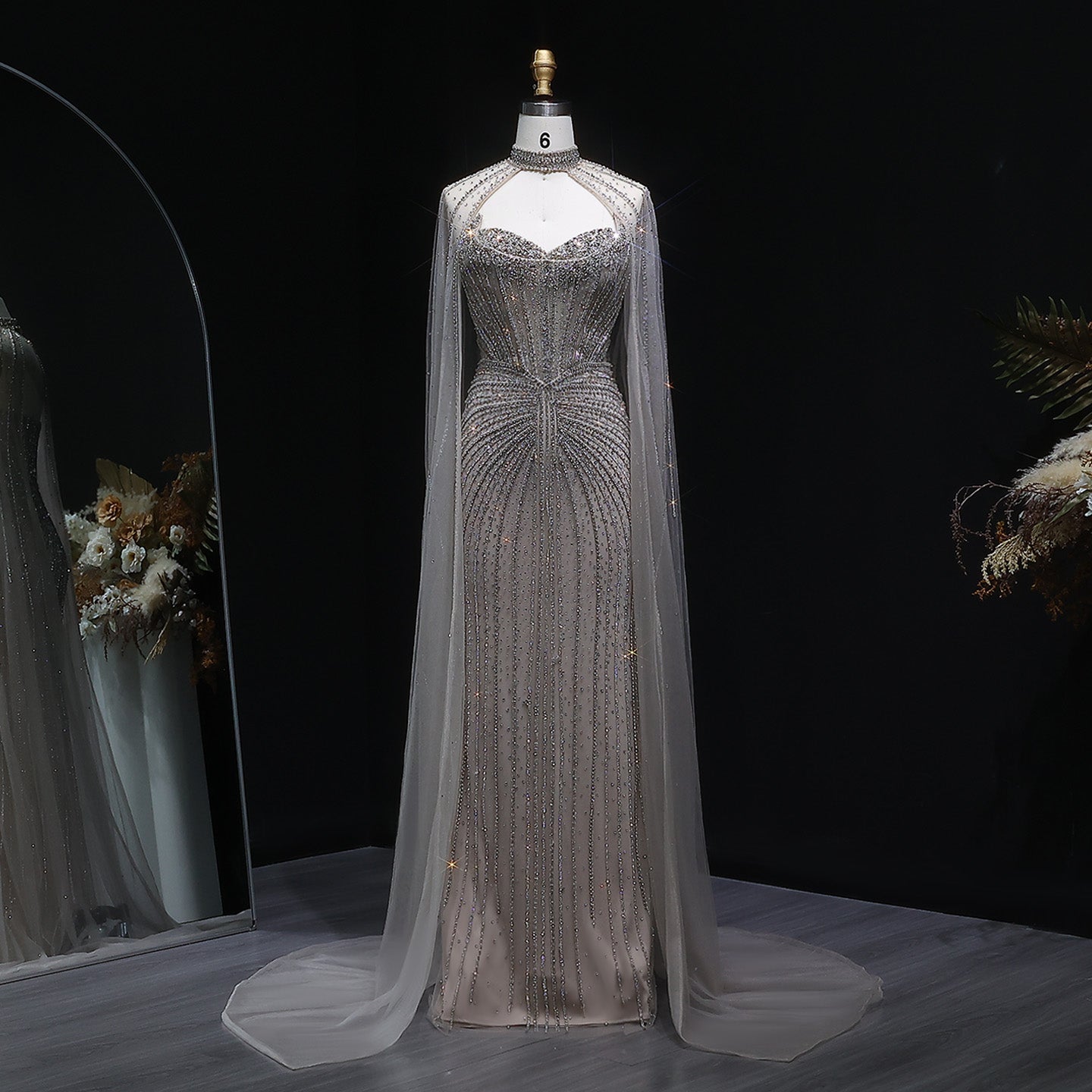 Luxury Mint Green Beaded Mermaid Evening Dress with Cape SS156 Sheer Fairy