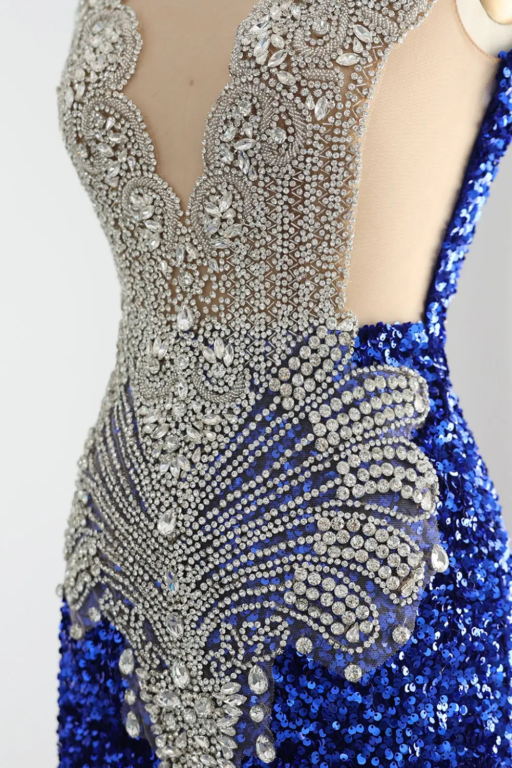 Rhinestone Sequined Plunging V-Neck Mermaid Prom Dress SH018 Sheer Fairy