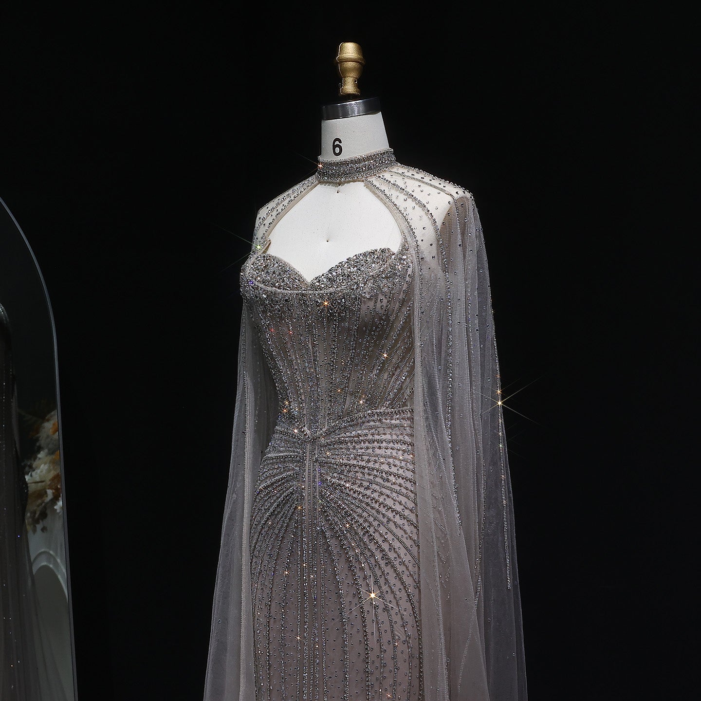 Luxury Mint Green Beaded Mermaid Evening Dress with Cape SS156 Sheer Fairy