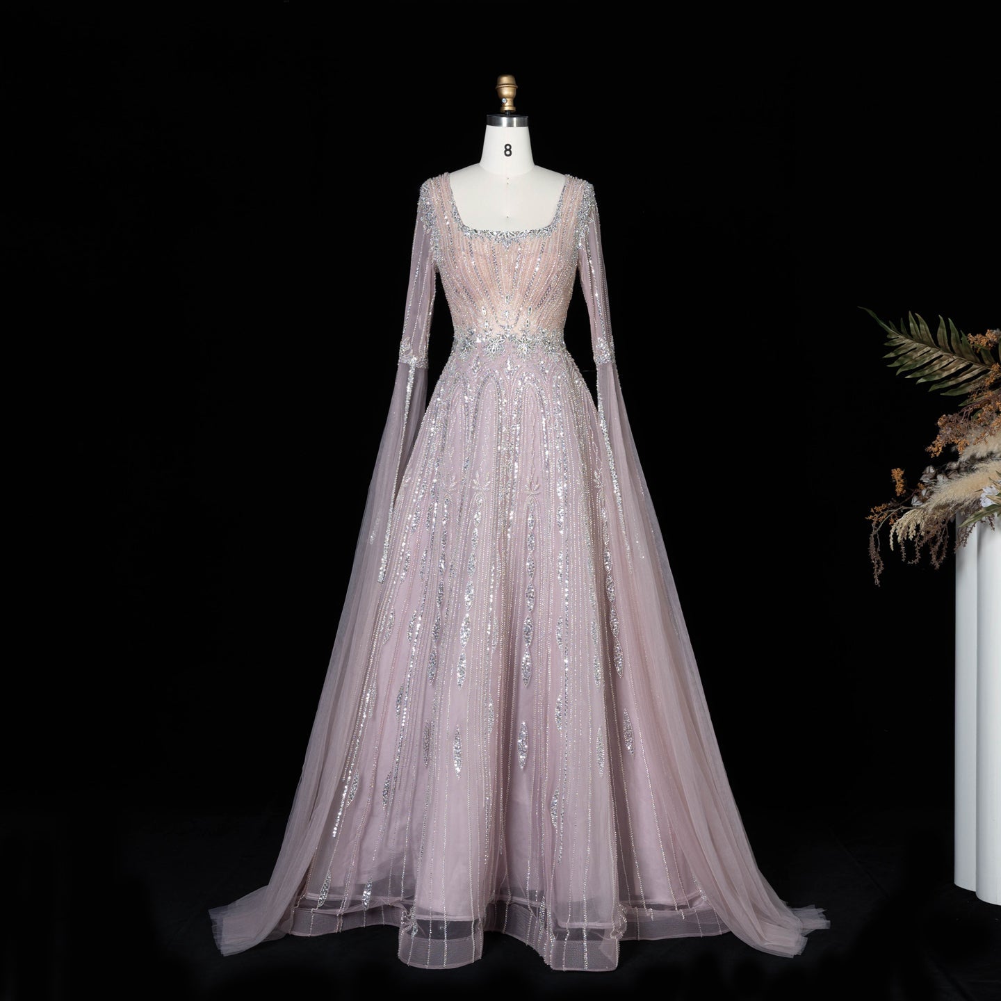 Sparkling Sequined Square Neck Long Sleeve A Line Evening Gown SS065 Sheer Fairy