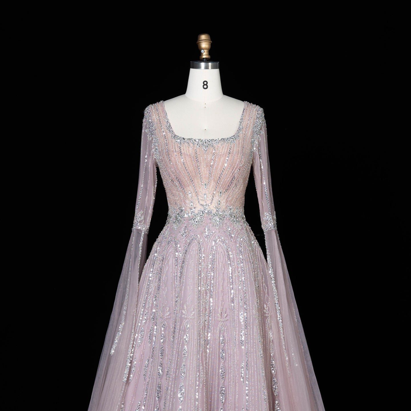 Sparkling Sequined Square Neck Long Sleeve A Line Evening Gown SS065 Sheer Fairy