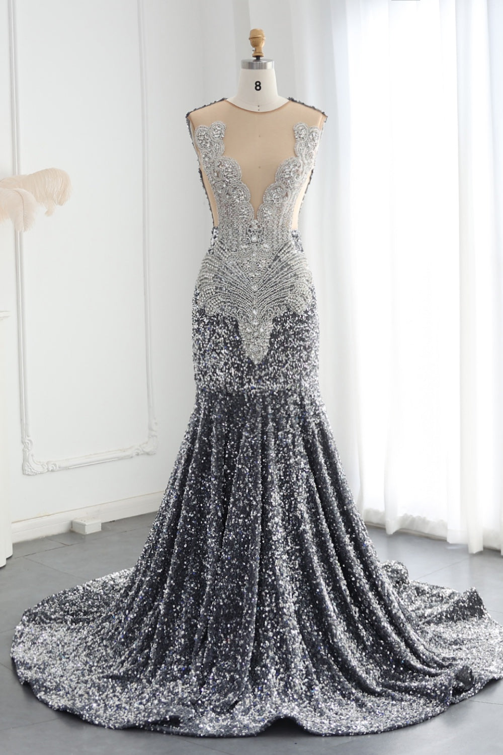 Rhinestone Sequined Plunging V-Neck Mermaid Prom Dress SH018 Sheer Fairy