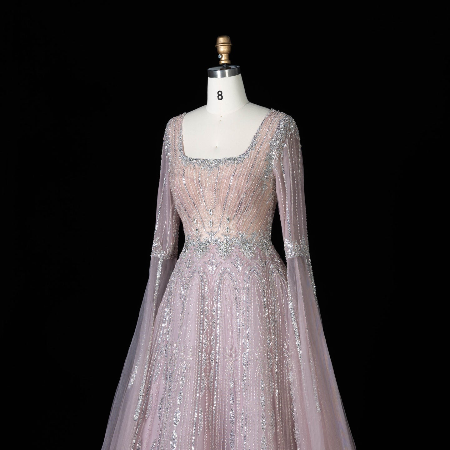 Sparkling Sequined Square Neck Long Sleeve A Line Evening Gown SS065 Sheer Fairy