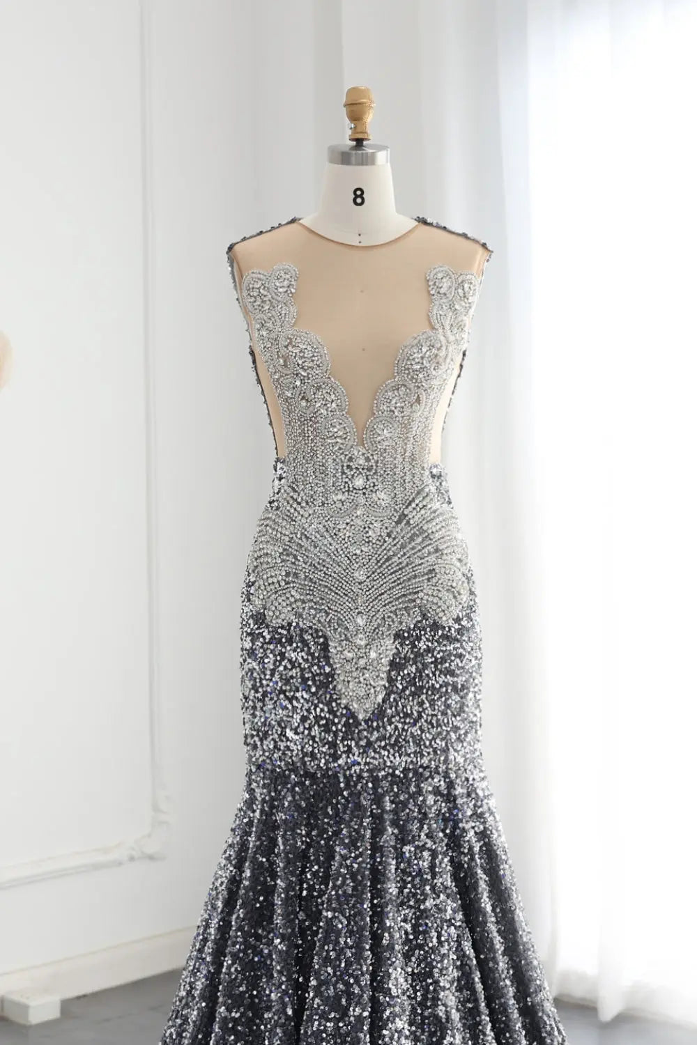 Rhinestone Sequined Plunging V-Neck Mermaid Prom Dress SH018 Sheer Fairy