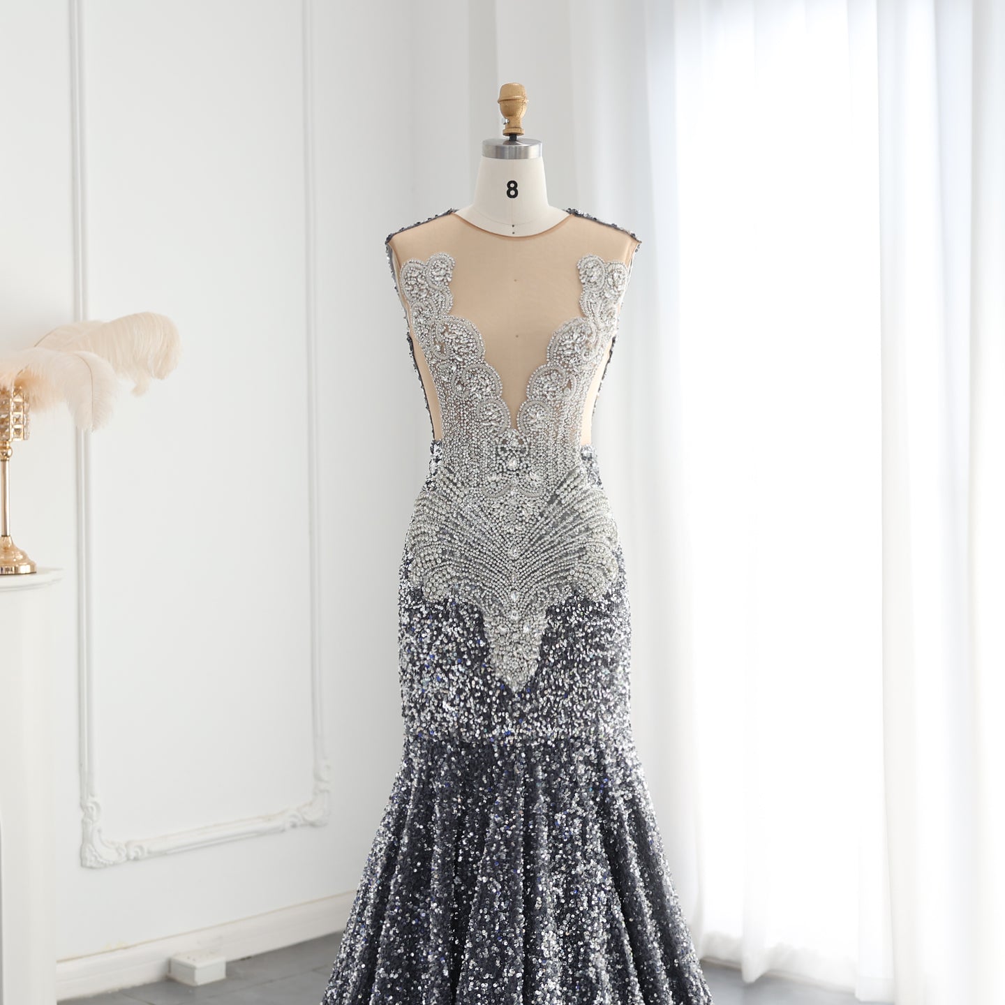 Gray Sequin Luxury Crystal Mermaid Long Prom Dresses for Black Girls
