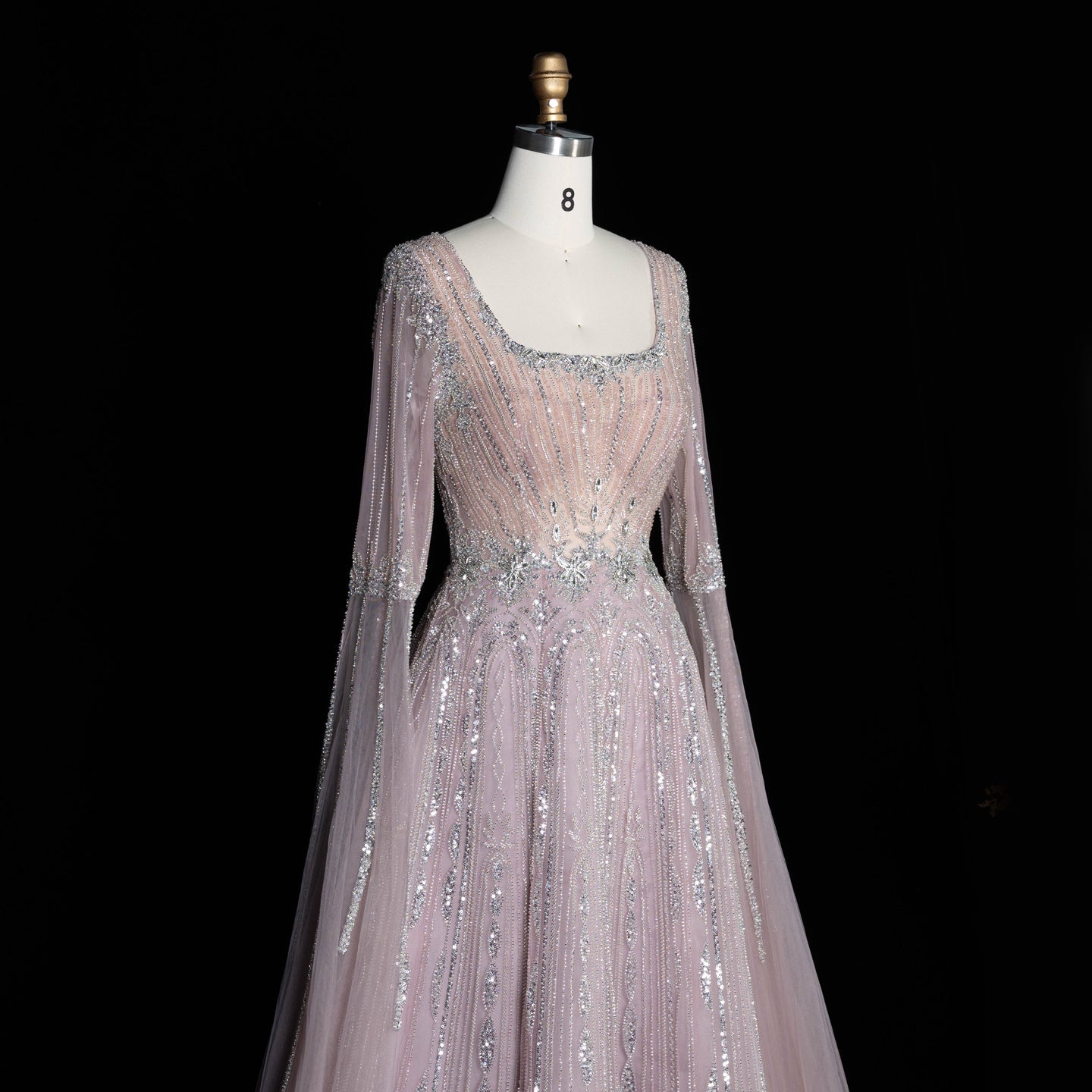 Sparkling Sequined Square Neck Long Sleeve A Line Evening Gown SS065 Sheer Fairy