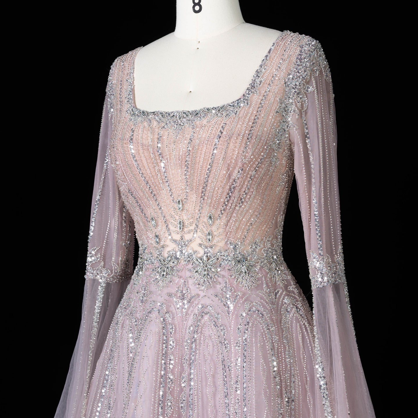 Sparkling Sequined Square Neck Long Sleeve A Line Evening Gown SS065 Sheer Fairy
