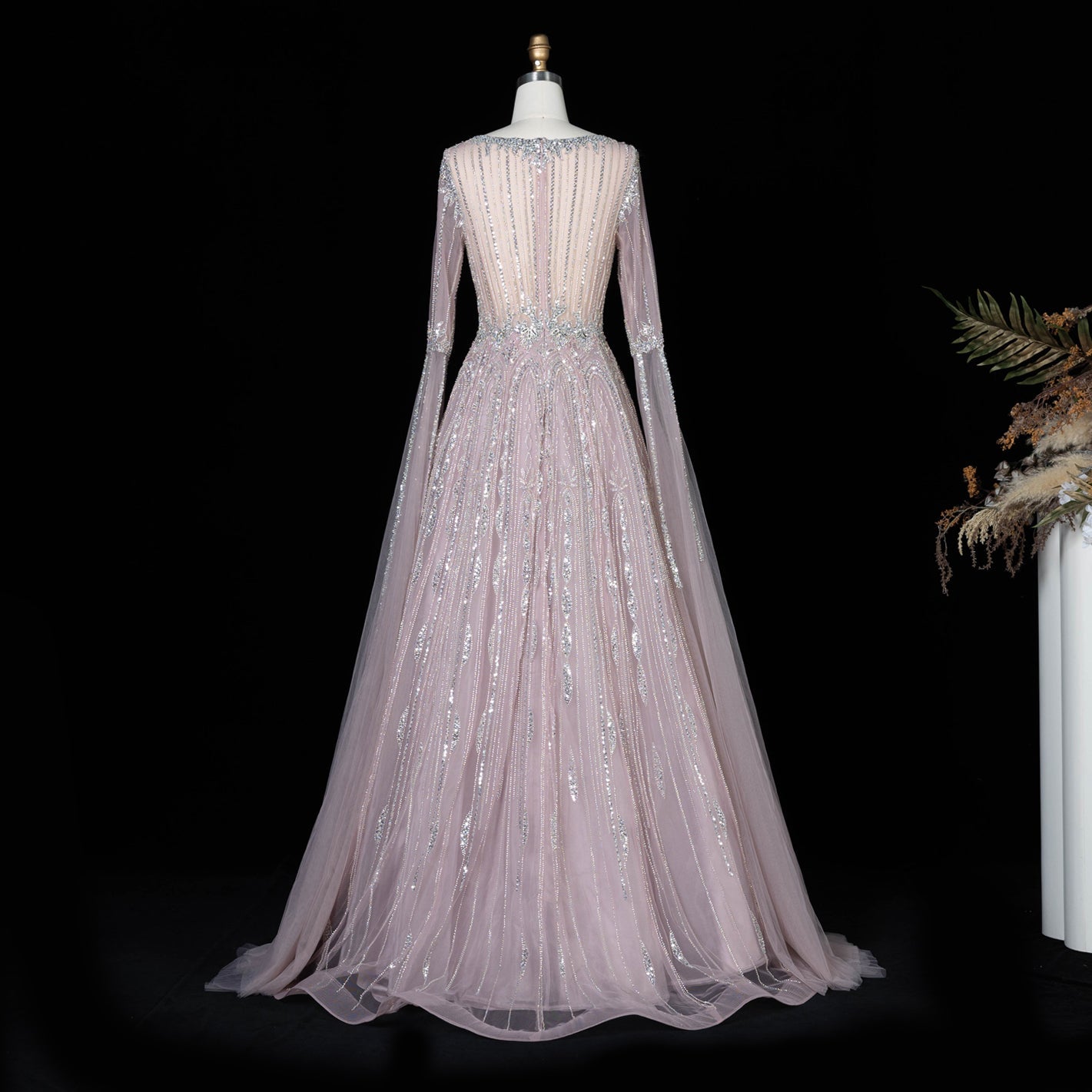 Sparkling Sequined Square Neck Long Sleeve A Line Evening Gown SS065 Sheer Fairy
