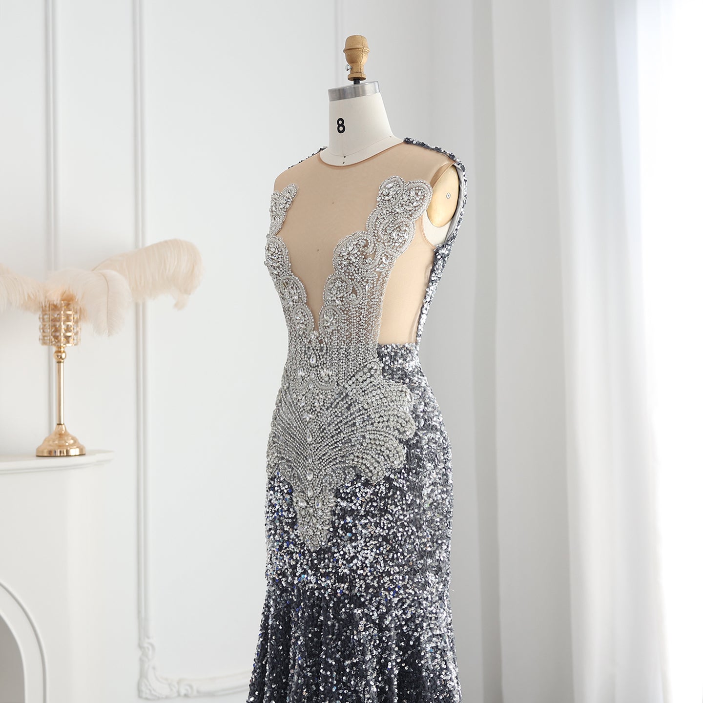 Gray Sequin Luxury Crystal Mermaid Long Prom Dresses for Black Girls