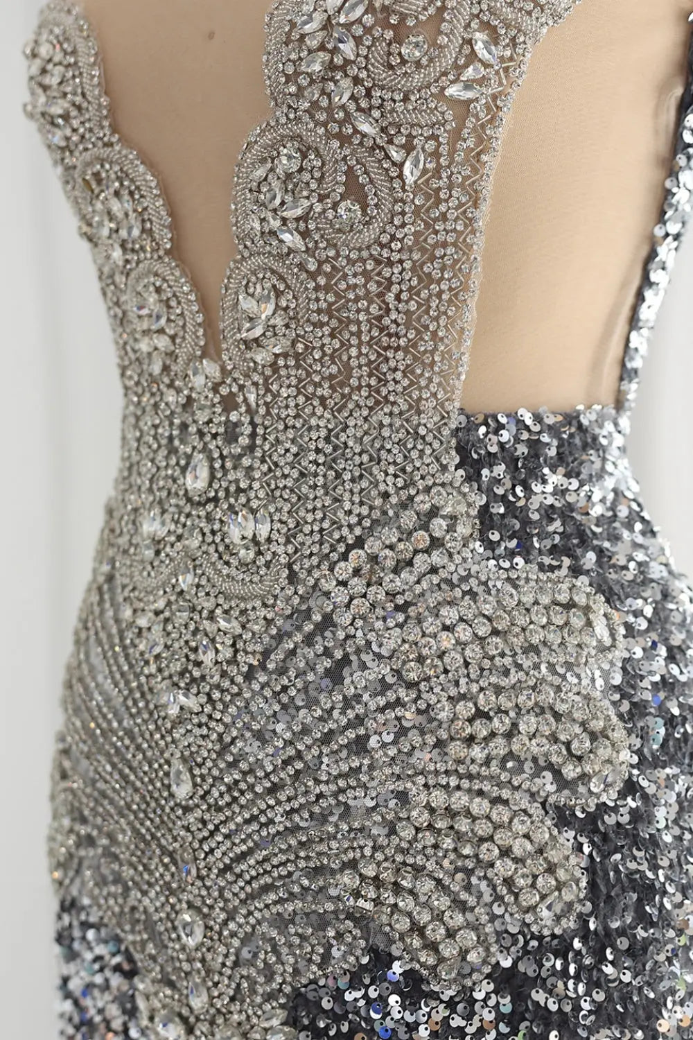 Rhinestone Sequined Plunging V-Neck Mermaid Prom Dress SH018 Sheer Fairy