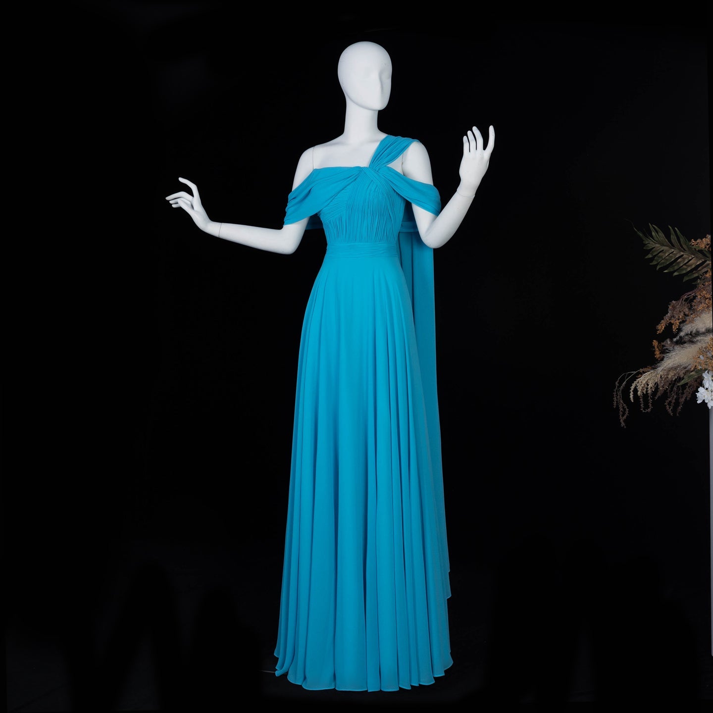 Asymmetrical Sky Blue Chiffon A-Line Evening Dress with Cape Sleeve SF067 Sheer Fairy