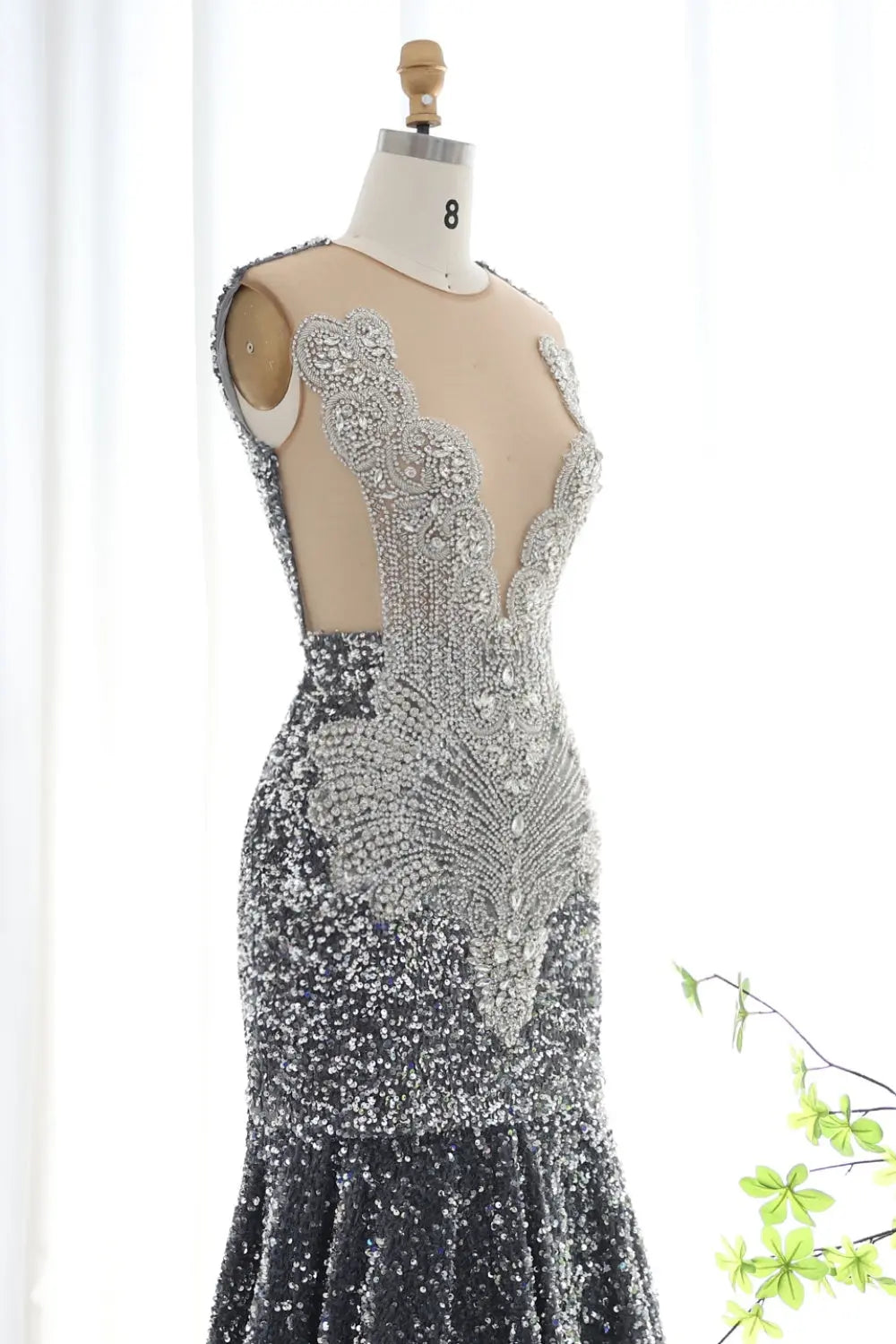 Rhinestone Sequined Plunging V-Neck Mermaid Prom Dress SH018 Sheer Fairy