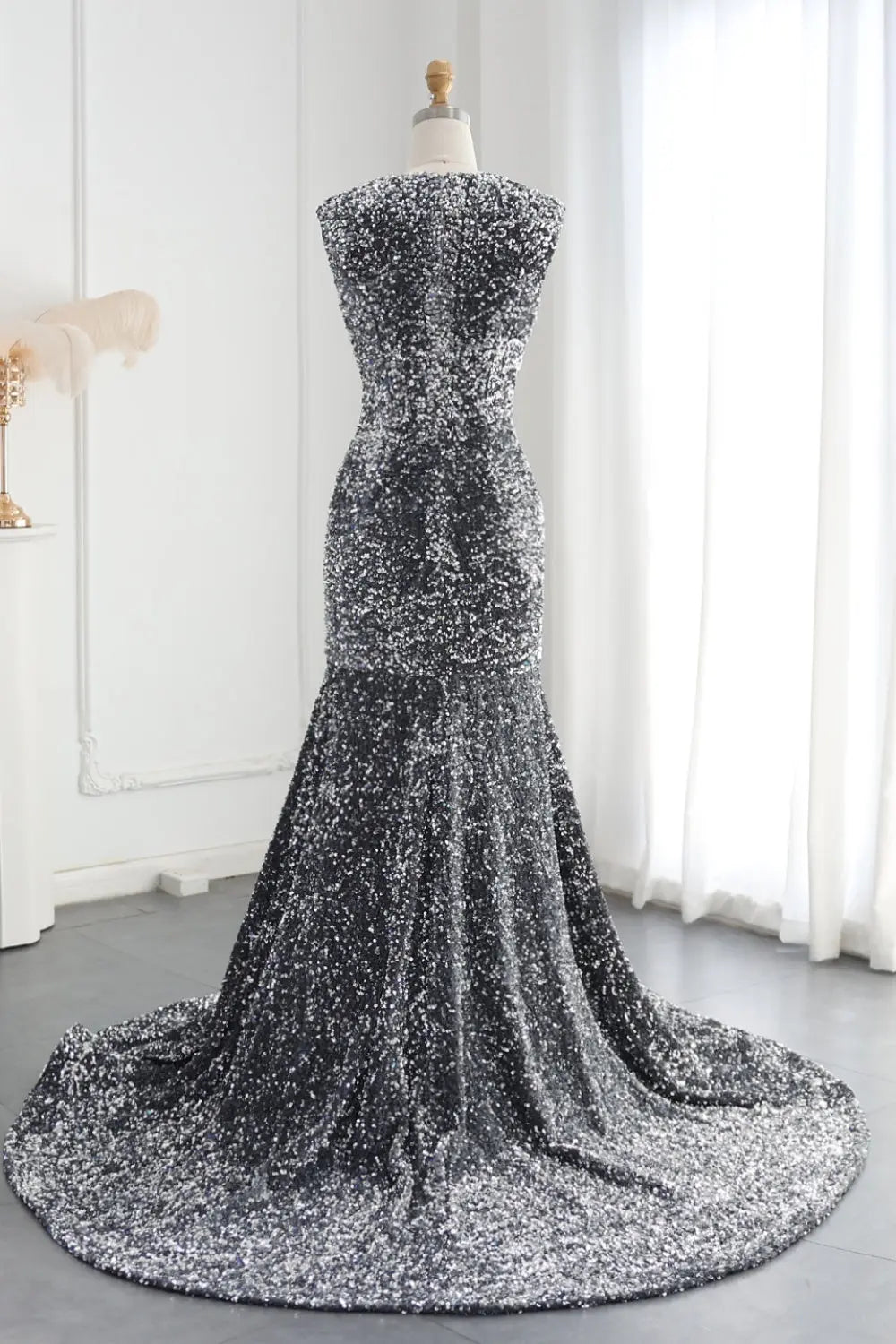 Rhinestone Sequined Plunging V-Neck Mermaid Prom Dress SH018 Sheer Fairy