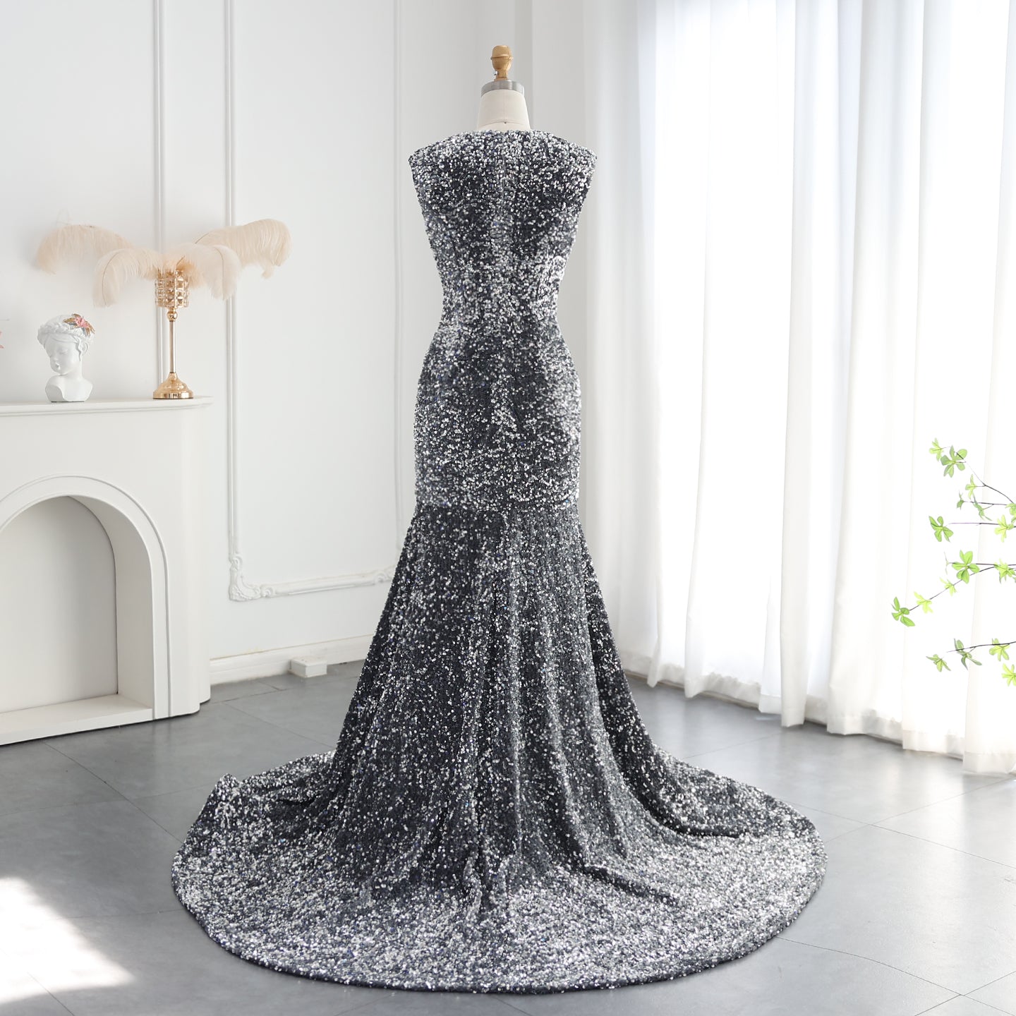 Gray Sequin Luxury Crystal Mermaid Long Prom Dresses for Black Girls