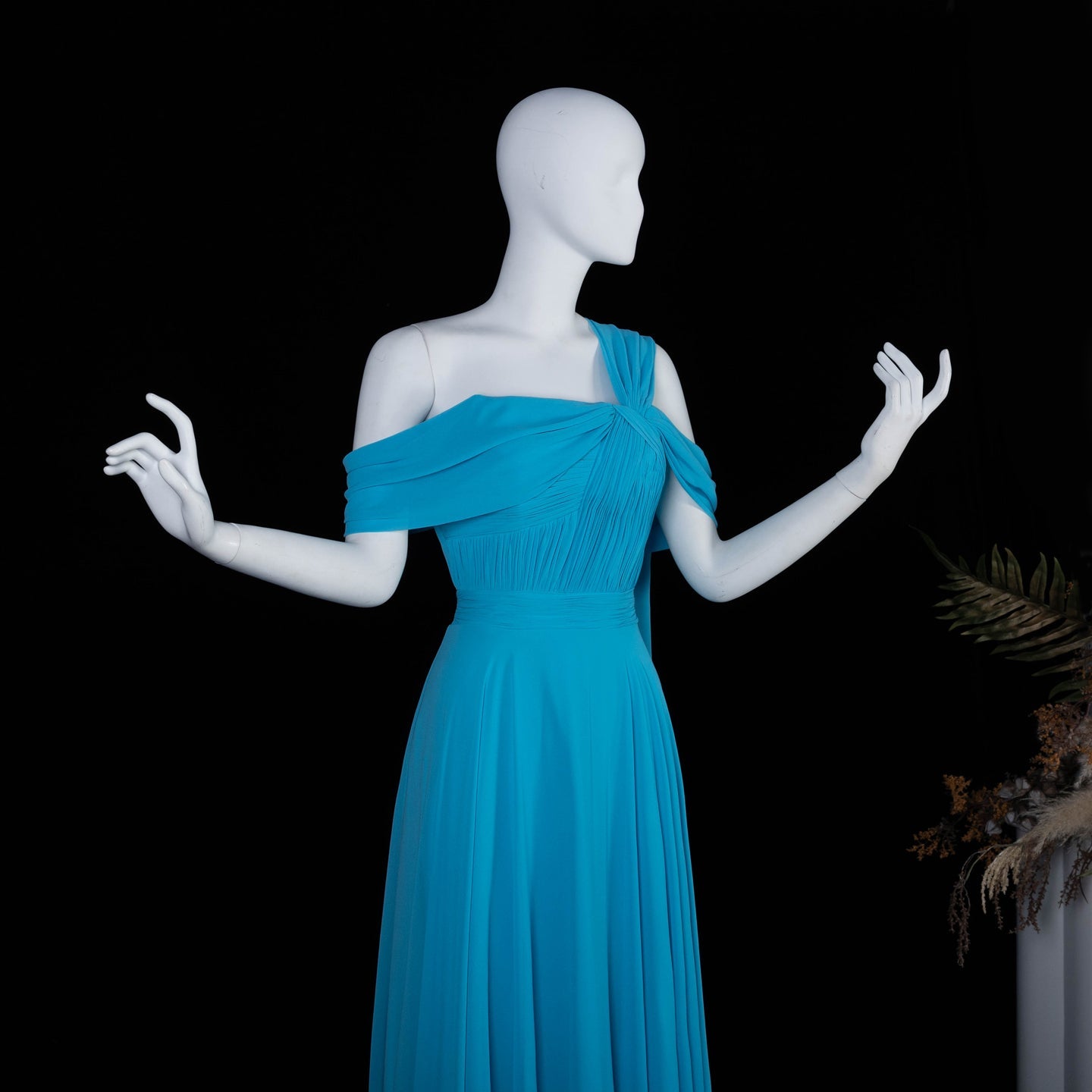 Asymmetrical Sky Blue Chiffon A-Line Evening Dress with Cape Sleeve SF067 Sheer Fairy