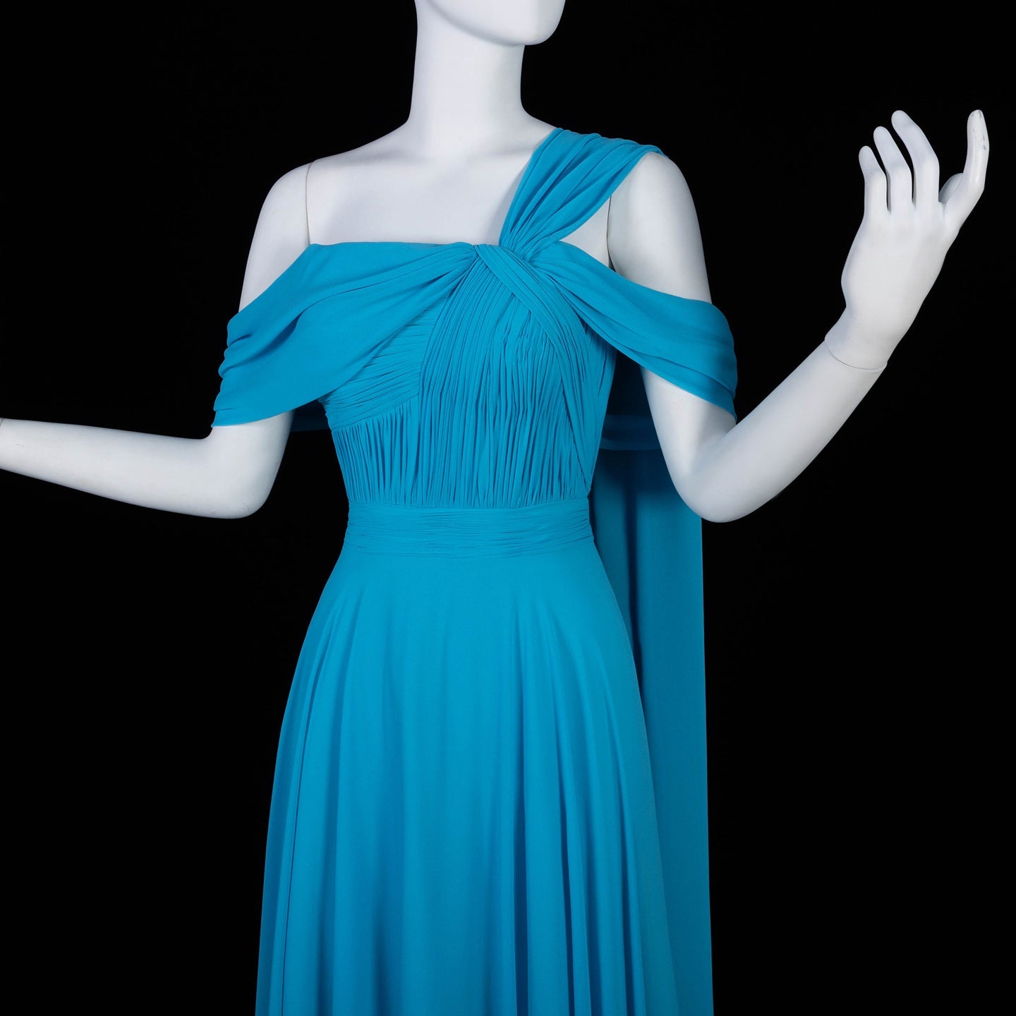 Asymmetrical Sky Blue Chiffon A-Line Evening Dress with Cape Sleeve SF067 Sheer Fairy