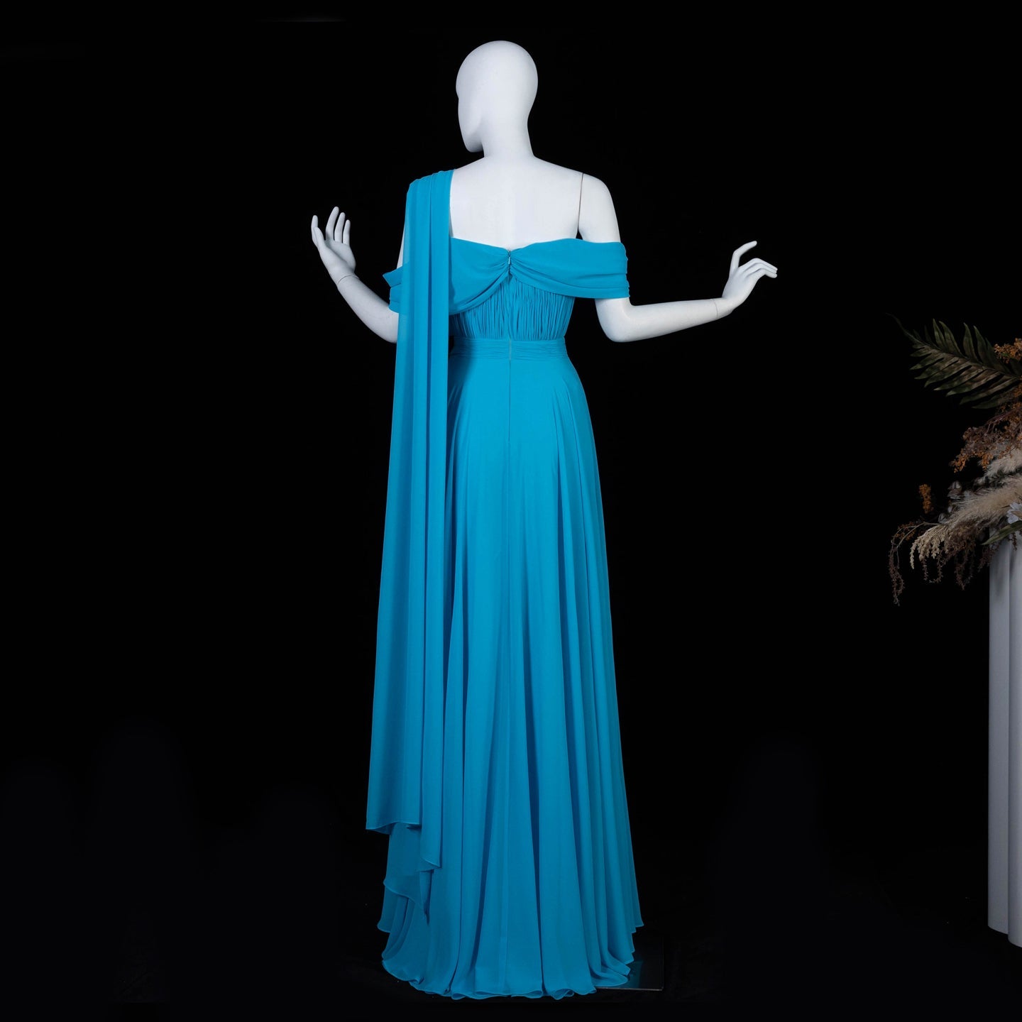 Asymmetrical Sky Blue Chiffon A-Line Evening Dress with Cape Sleeve SF067 Sheer Fairy