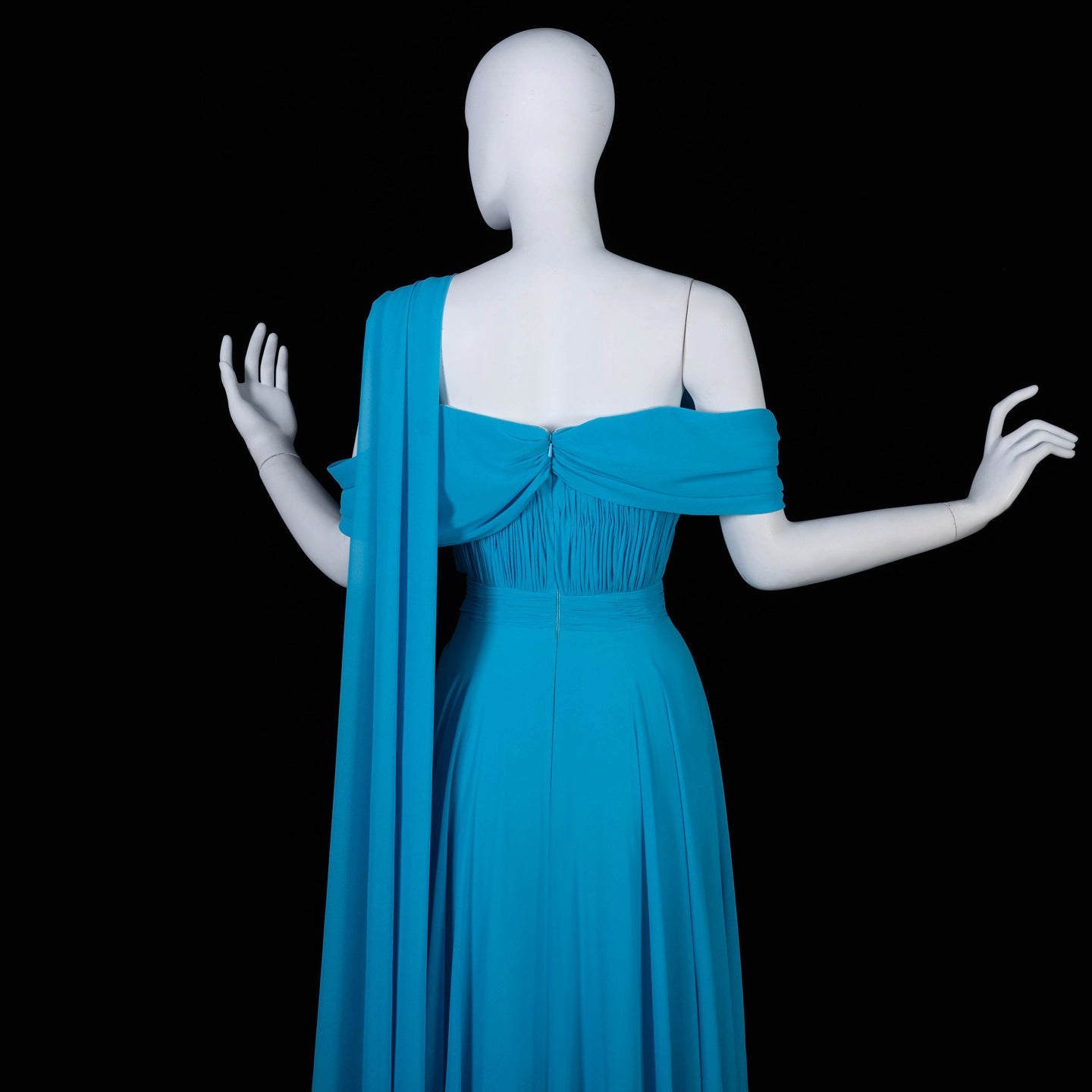 Asymmetrical Sky Blue Chiffon A-Line Evening Dress with Cape Sleeve SF067 Sheer Fairy