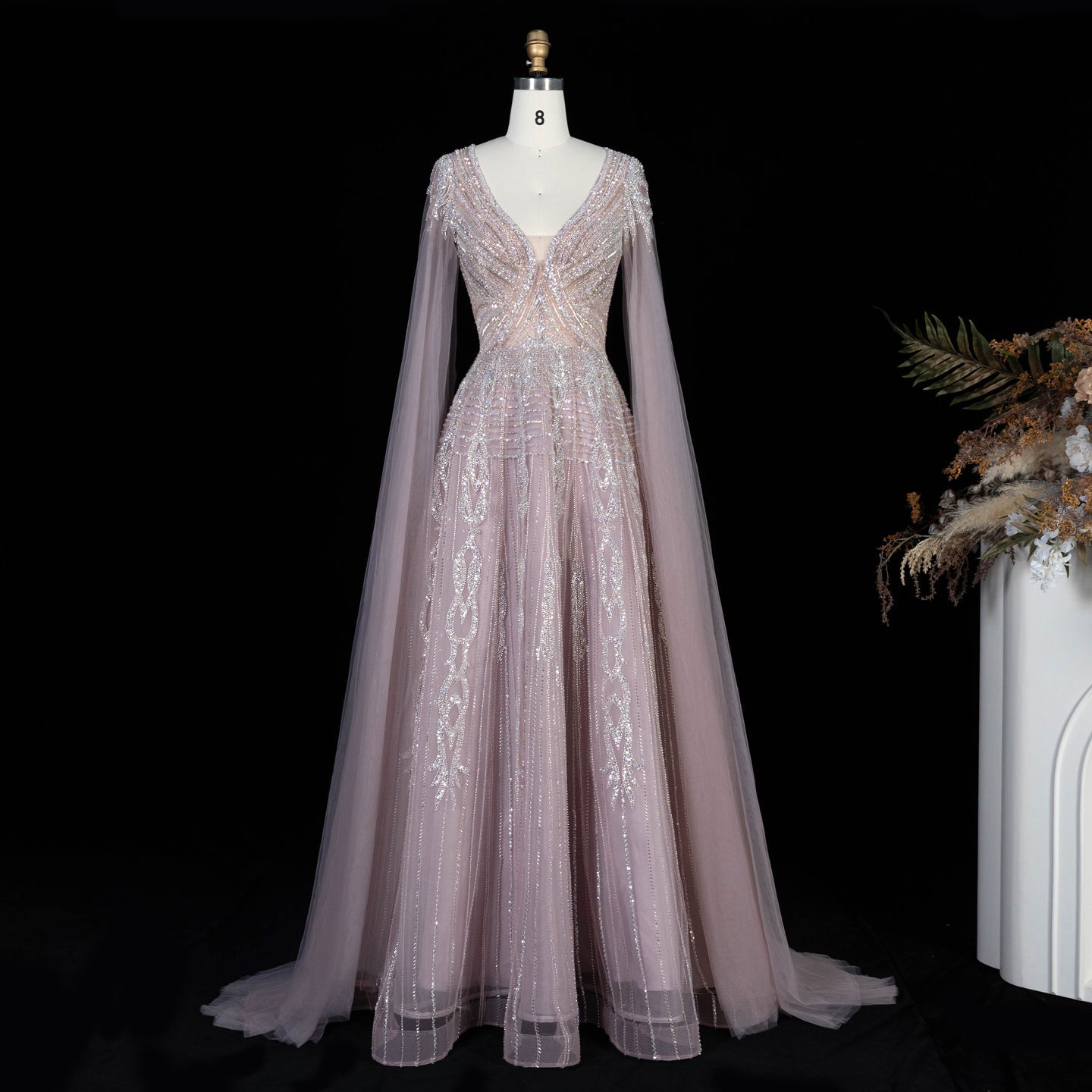 Elegant V Neck Sequined Cape Sleeve A Line Evening Gown SS073 Sheer Fairy