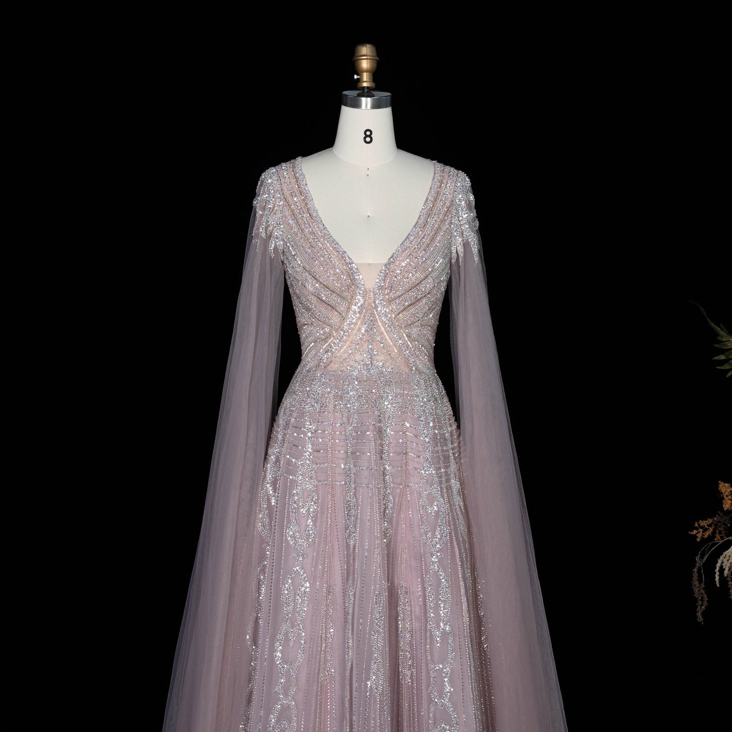 Elegant V Neck Sequined Cape Sleeve A Line Evening Gown SS073 Sheer Fairy