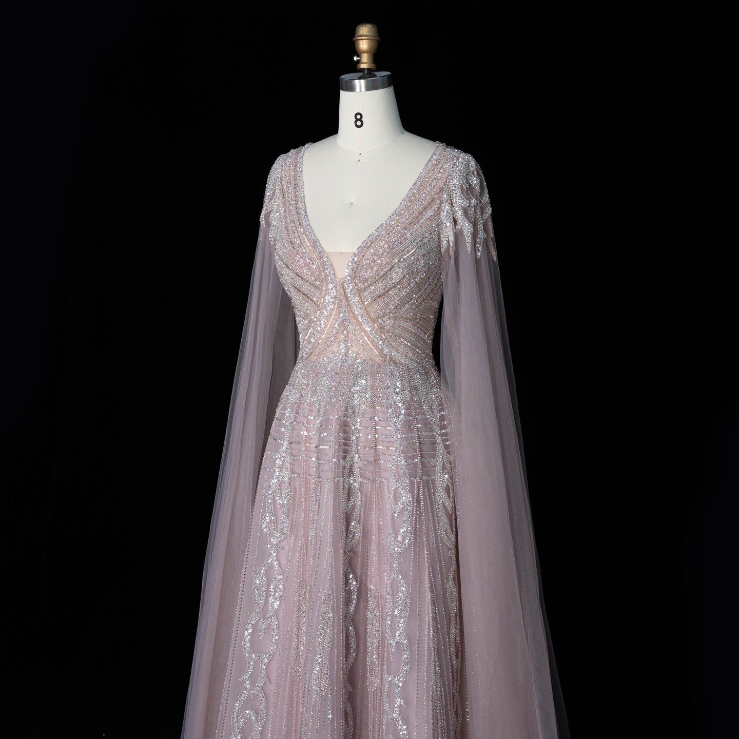 Elegant V Neck Sequined Cape Sleeve A Line Evening Gown SS073 Sheer Fairy
