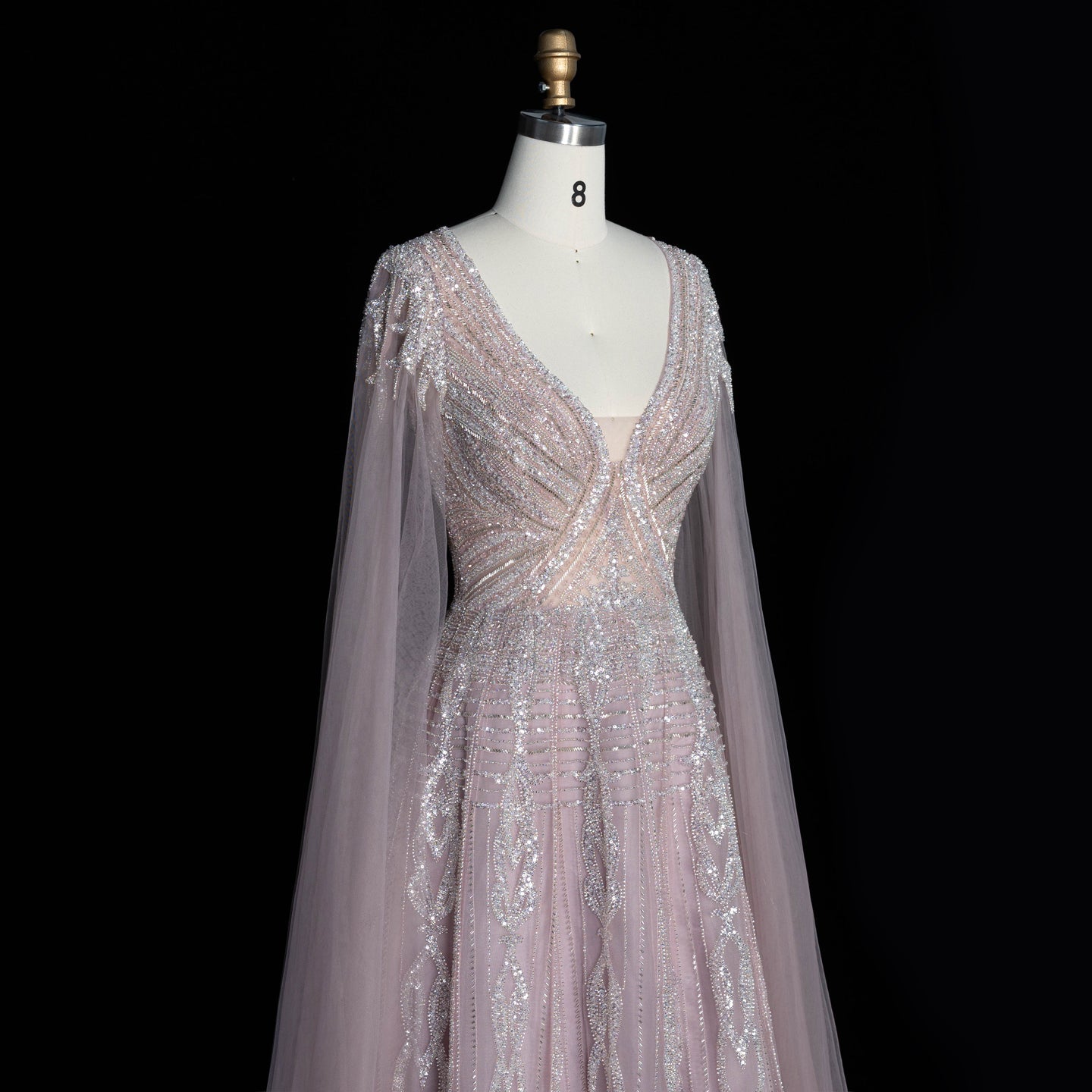 Elegant V Neck Sequined Cape Sleeve A Line Evening Gown SS073 Sheer Fairy