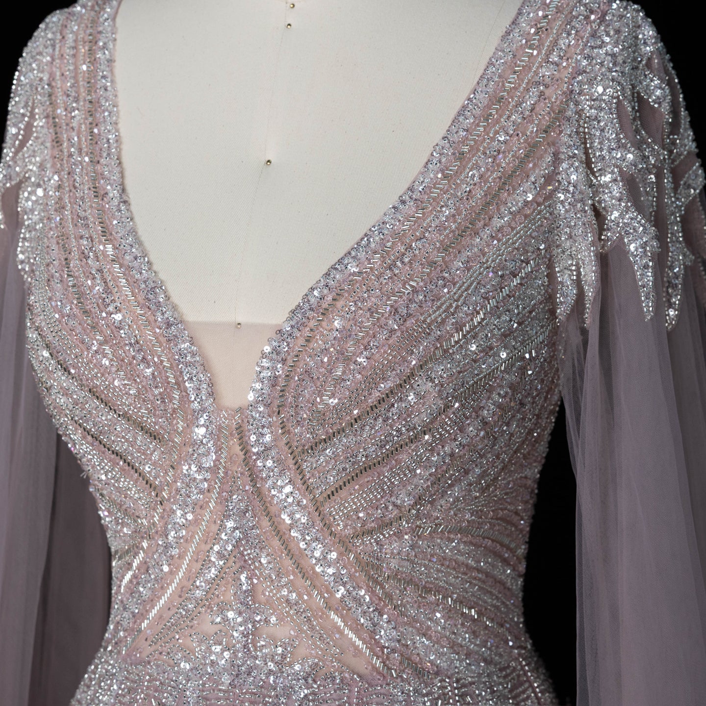 Elegant V Neck Sequined Cape Sleeve A Line Evening Gown SS073 Sheer Fairy