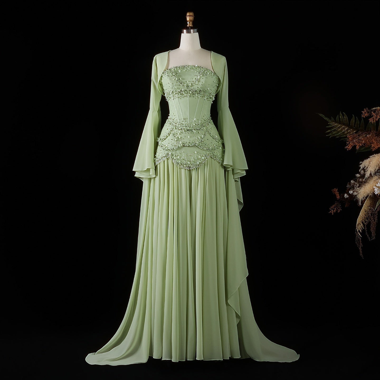 Luxury Sky Blue Beaded Formal Evening Gown with Bell Sleeves SS286 Sheer Fairy