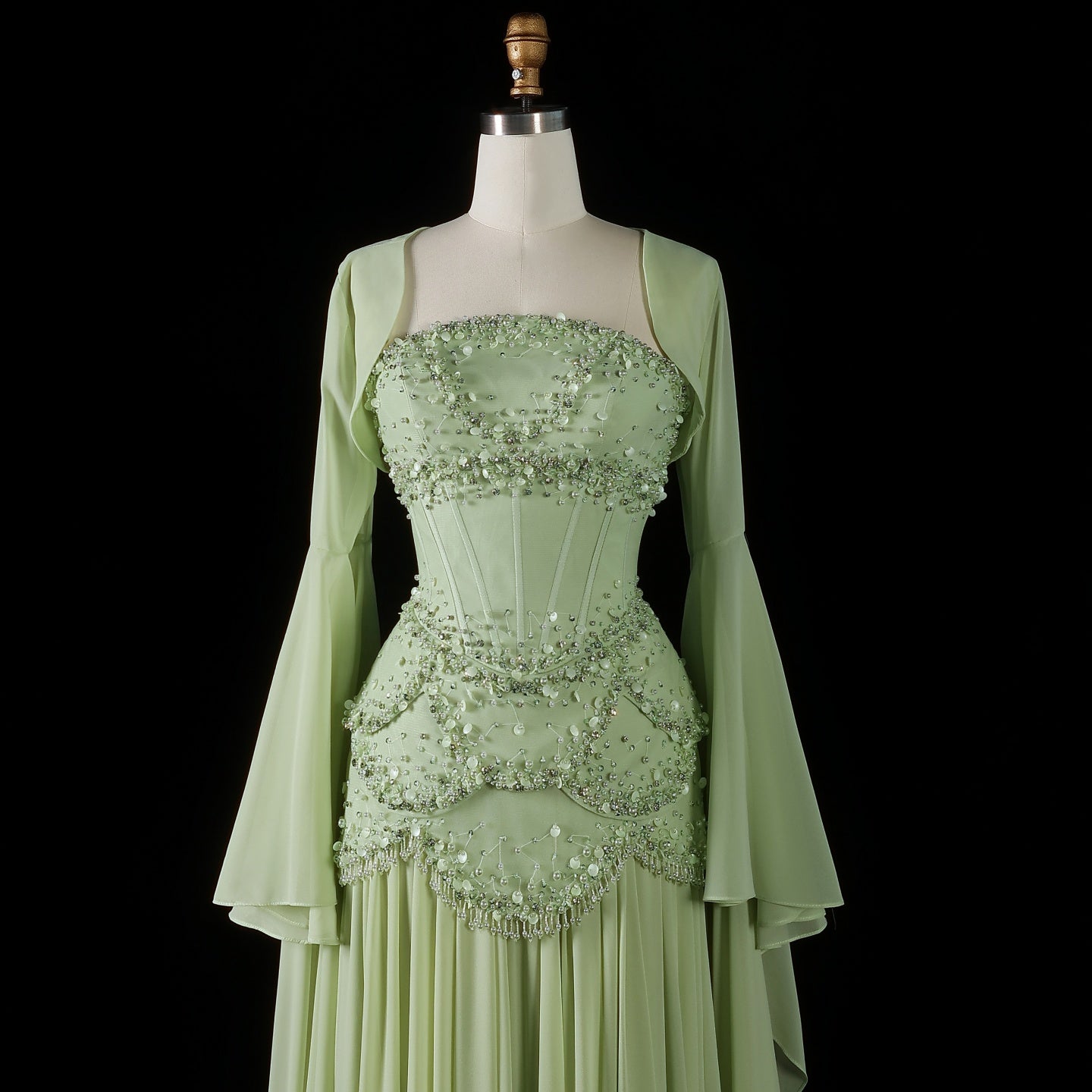 Luxury Sky Blue Beaded Formal Evening Gown with Bell Sleeves SS286 Sheer Fairy