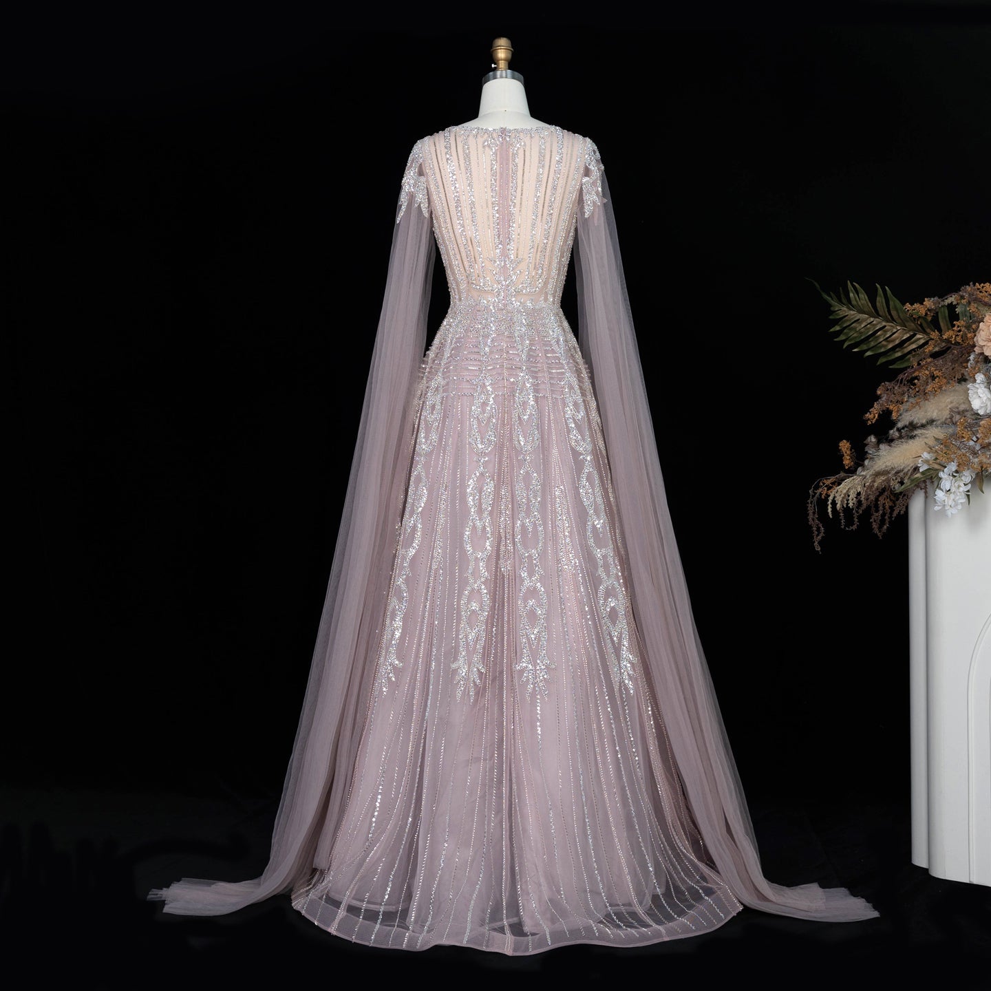 Elegant V Neck Sequined Cape Sleeve A Line Evening Gown SS073 Sheer Fairy