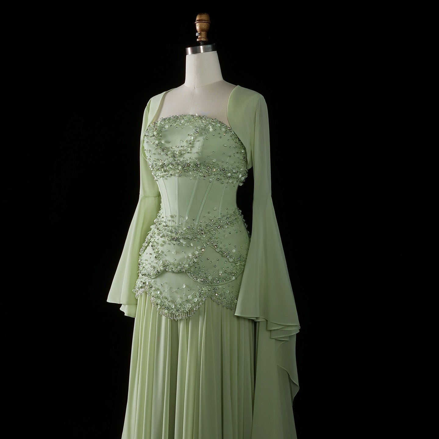 Luxury Sky Blue Beaded Formal Evening Gown with Bell Sleeves SS286 Sheer Fairy