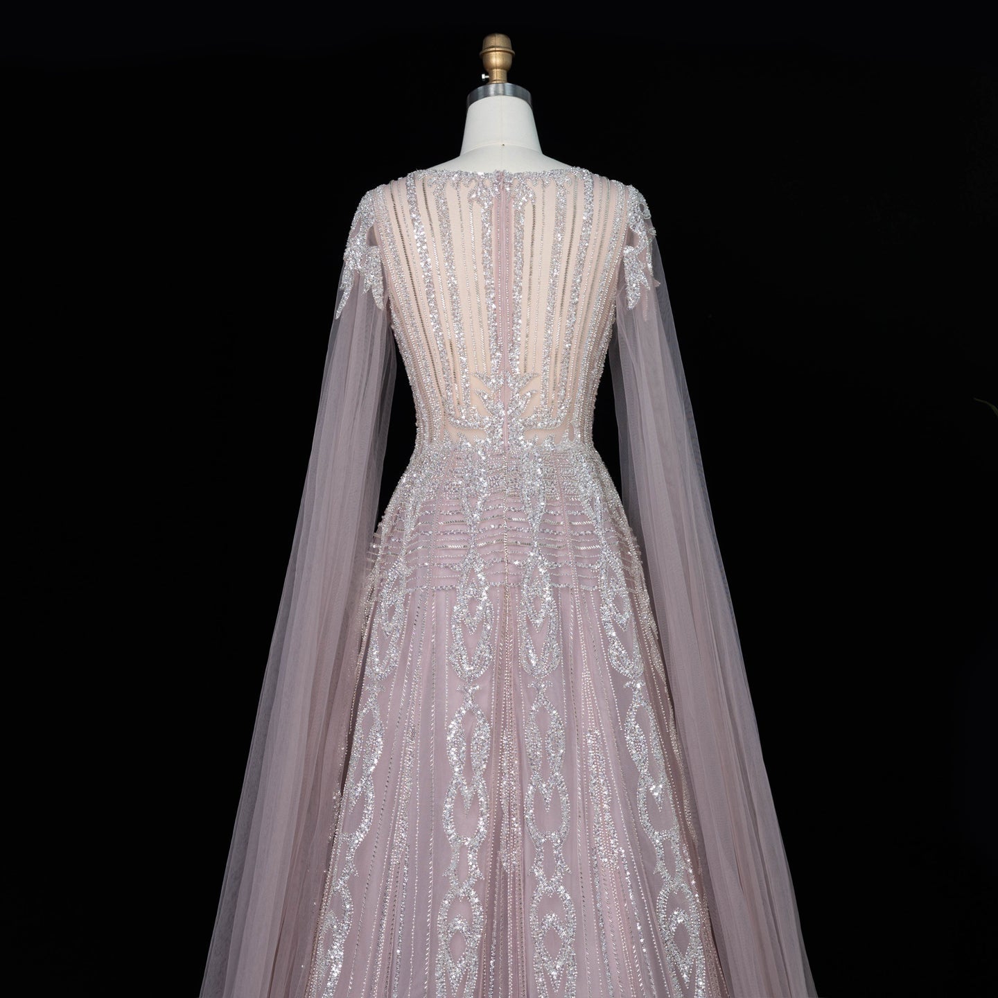 Elegant V Neck Sequined Cape Sleeve A Line Evening Gown SS073 Sheer Fairy
