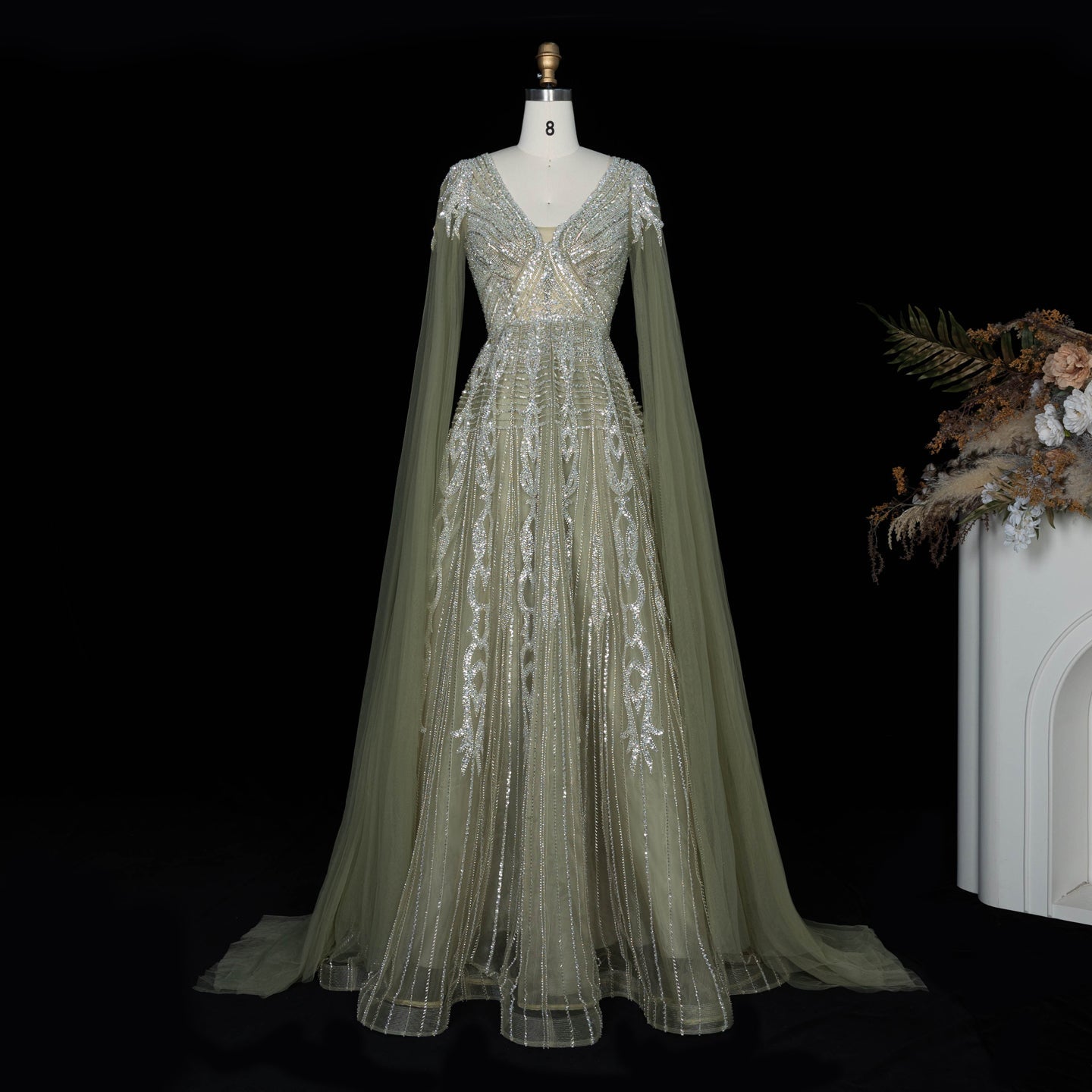 Elegant V Neck Sequined Cape Sleeve A Line Evening Gown SS073 Sheer Fairy