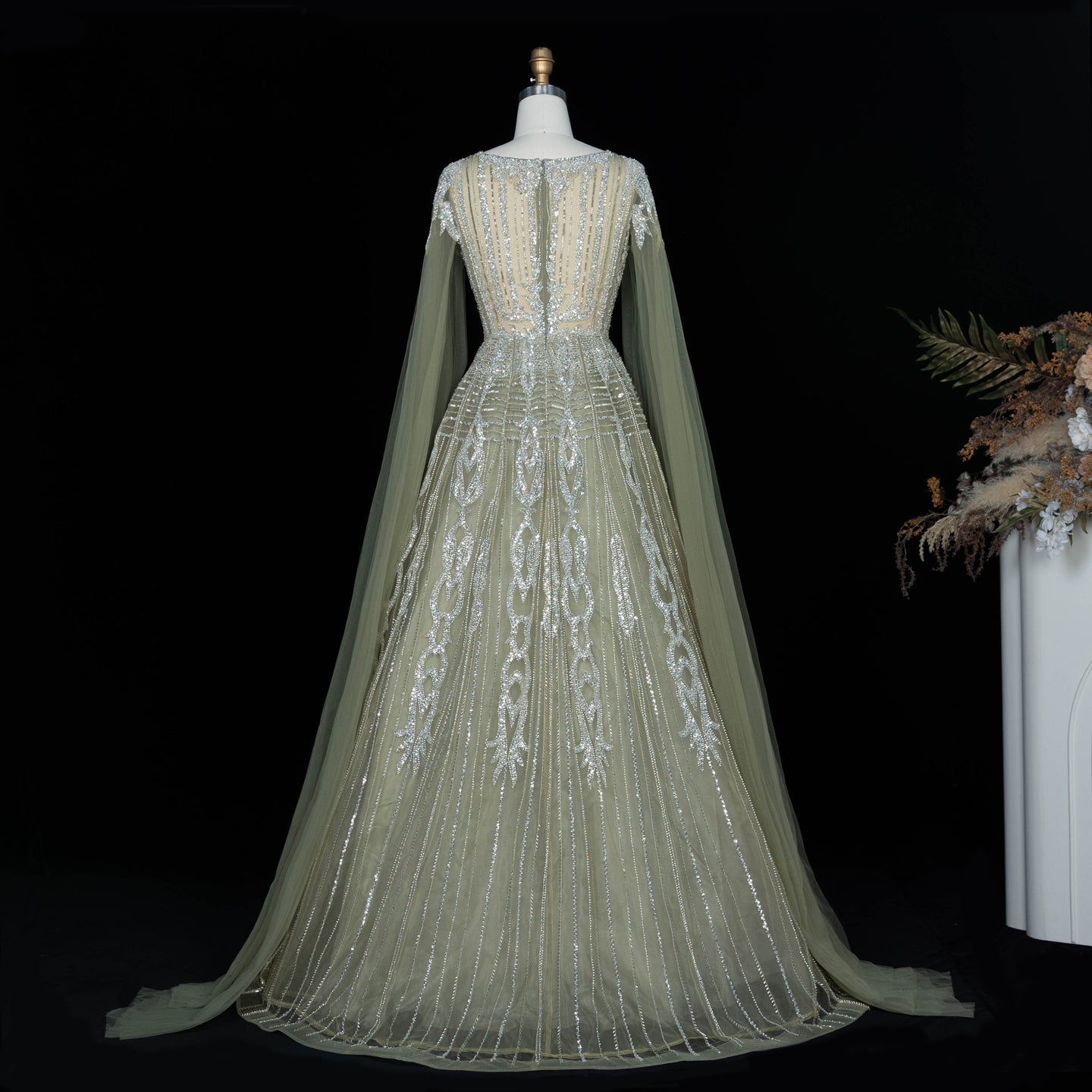 Elegant V Neck Sequined Cape Sleeve A Line Evening Gown SS073 Sheer Fairy