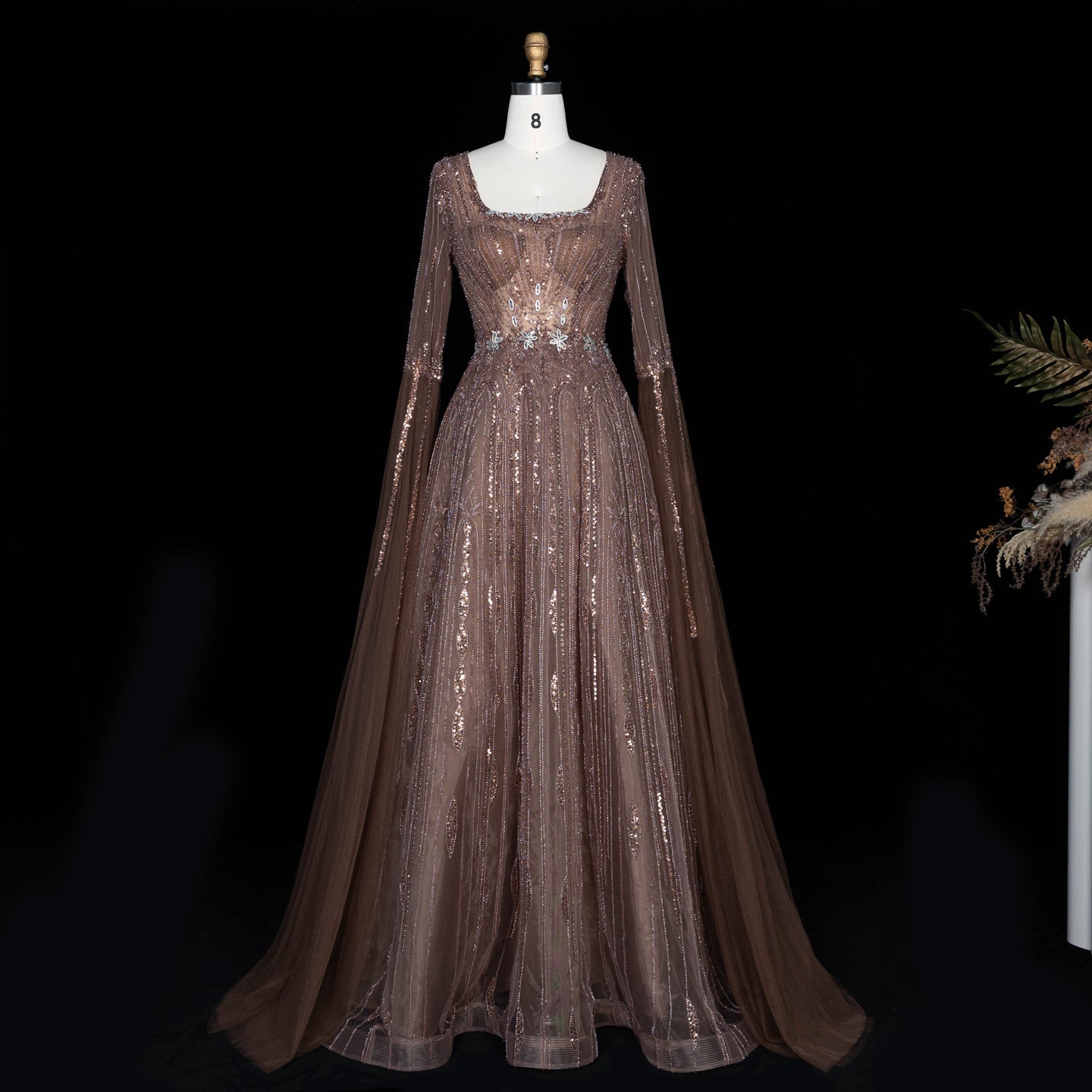Sparkling Sequined Square Neck Long Sleeve A Line Evening Gown SS065 Sheer Fairy