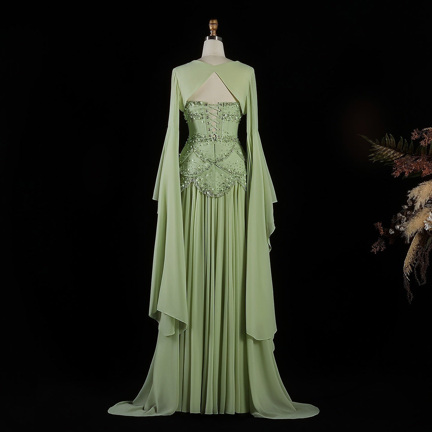 Luxury Sky Blue Beaded Formal Evening Gown with Bell Sleeves SS286 Sheer Fairy