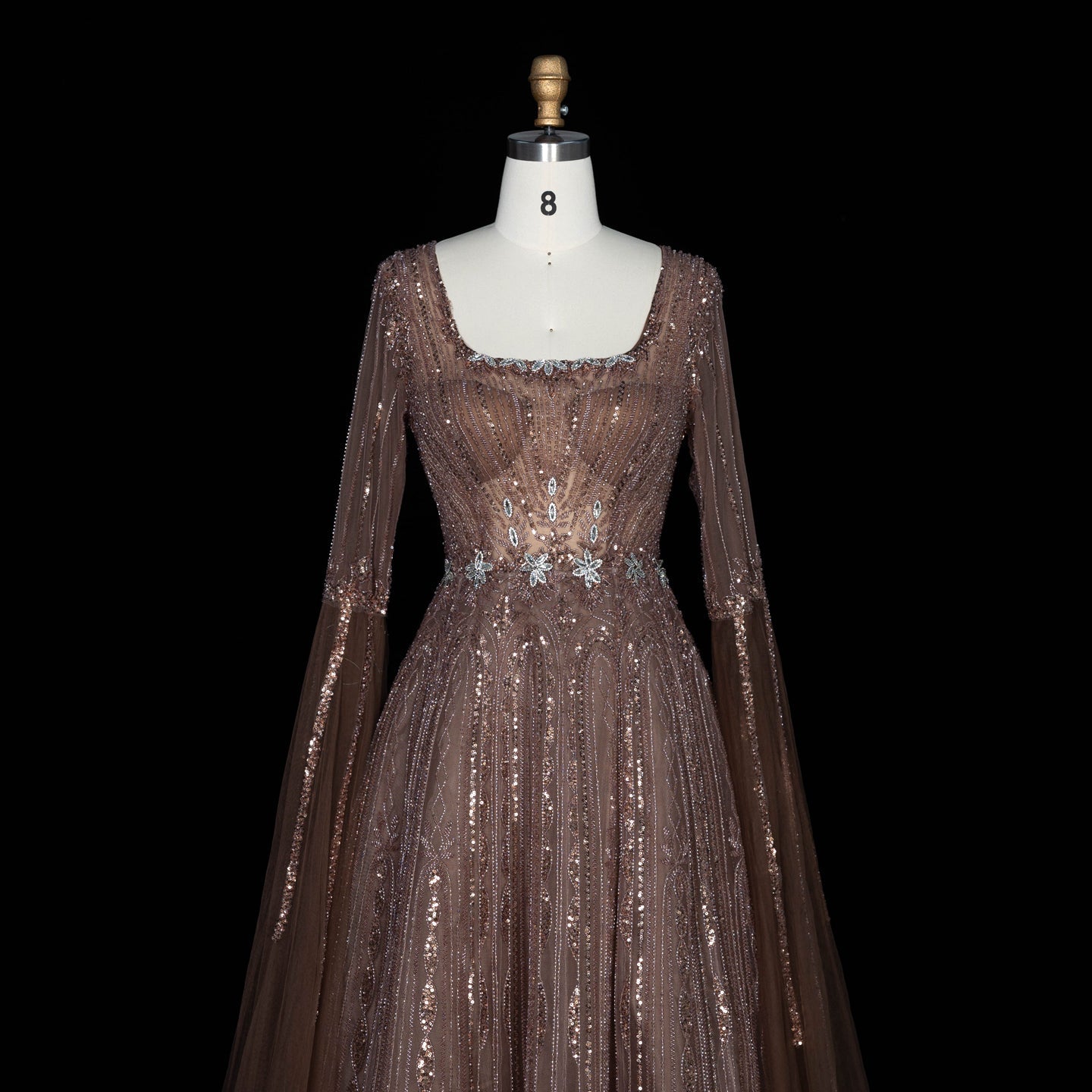 Sparkling Sequined Square Neck Long Sleeve A Line Evening Gown SS065 Sheer Fairy