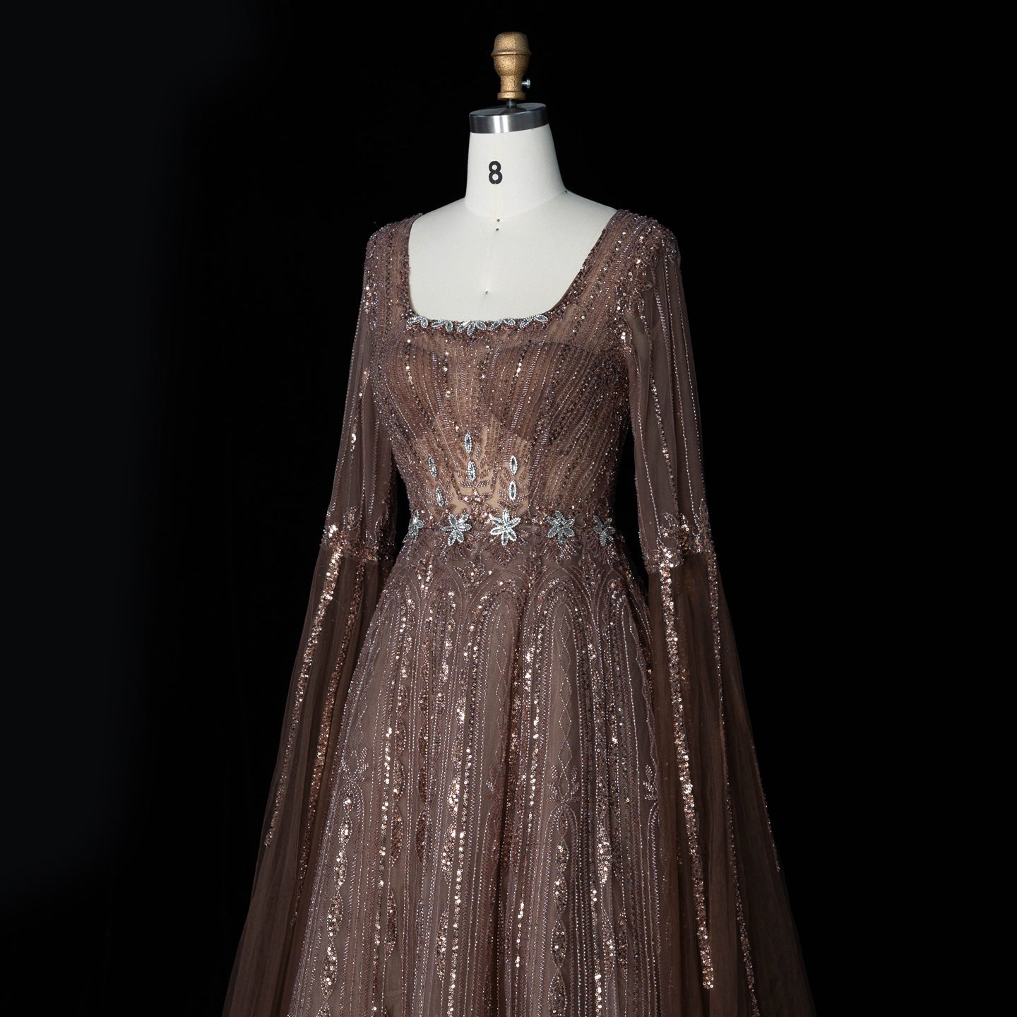 Sparkling Sequined Square Neck Long Sleeve A Line Evening Gown SS065 Sheer Fairy