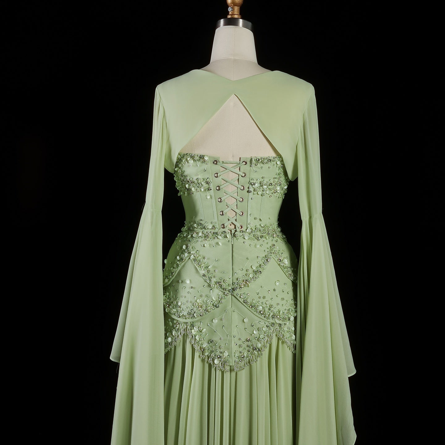 Luxury Sky Blue Beaded Formal Evening Gown with Bell Sleeves SS286 Sheer Fairy