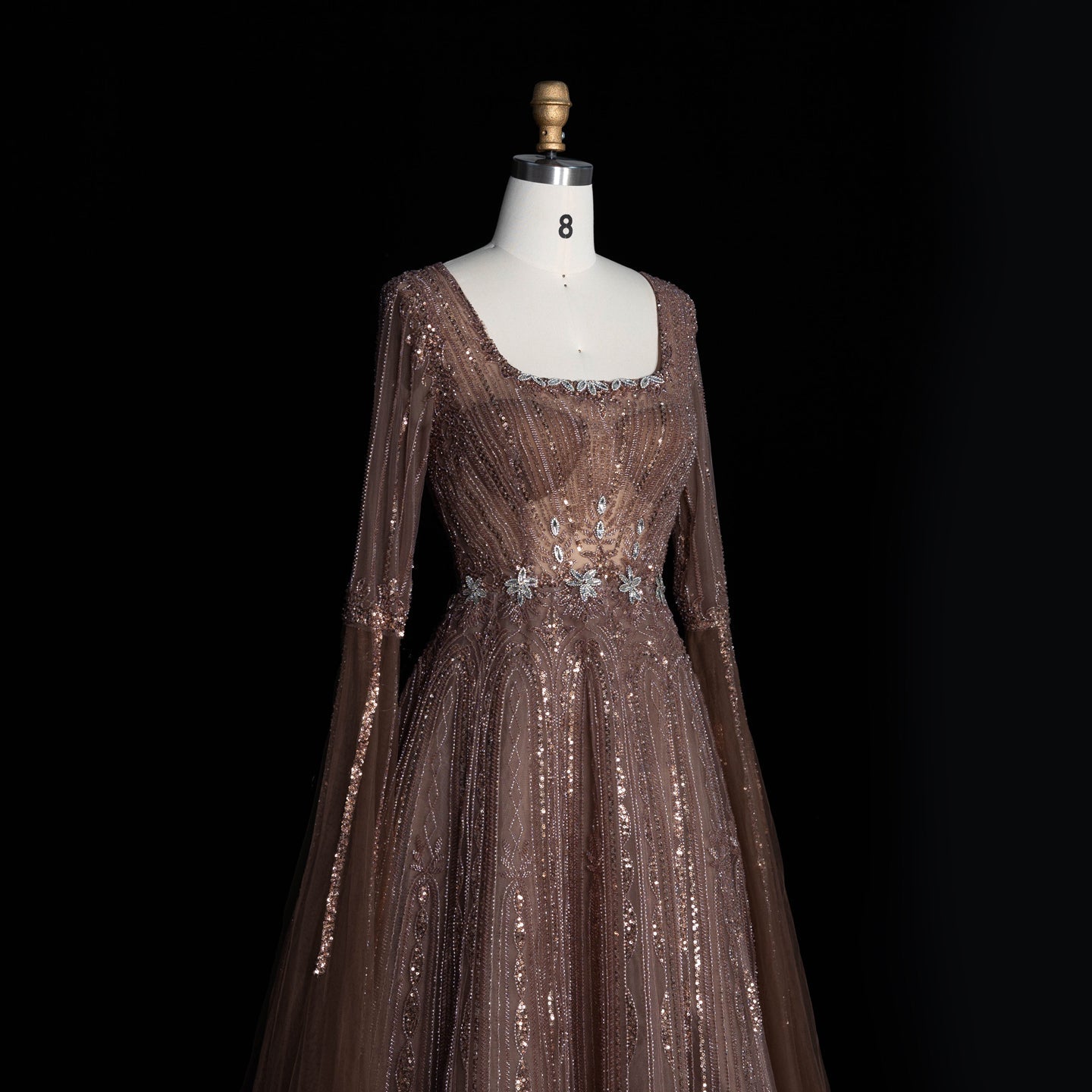 Sparkling Sequined Square Neck Long Sleeve A Line Evening Gown SS065 Sheer Fairy