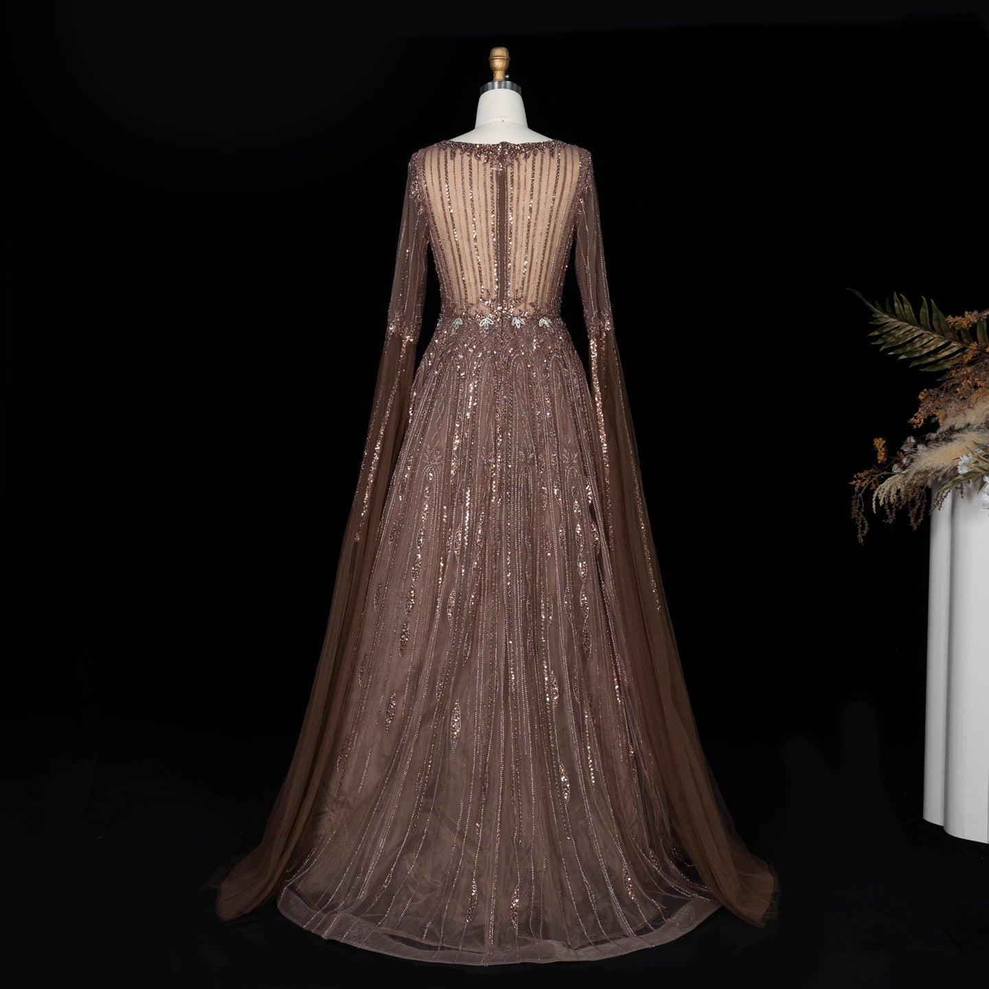Sparkling Sequined Square Neck Long Sleeve A Line Evening Gown SS065 Sheer Fairy