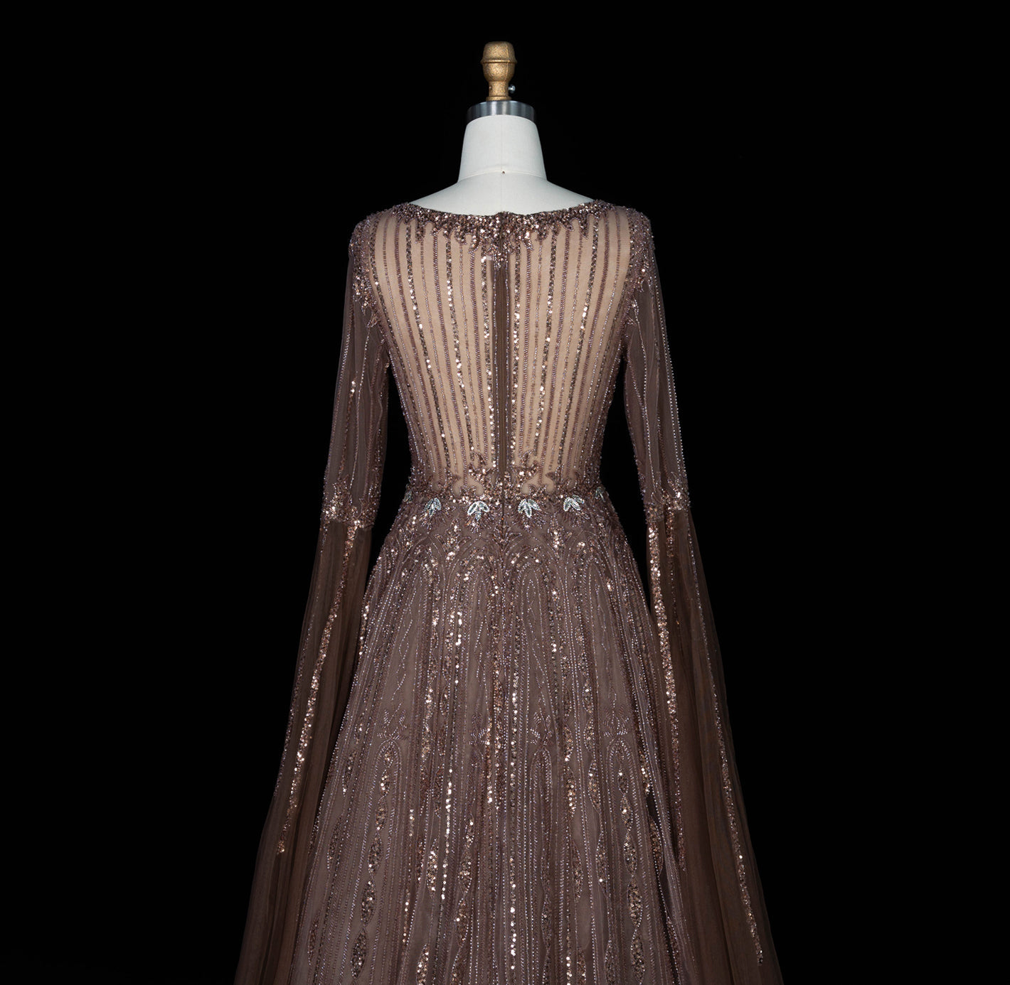 Sparkling Sequined Square Neck Long Sleeve A Line Evening Gown SS065 Sheer Fairy