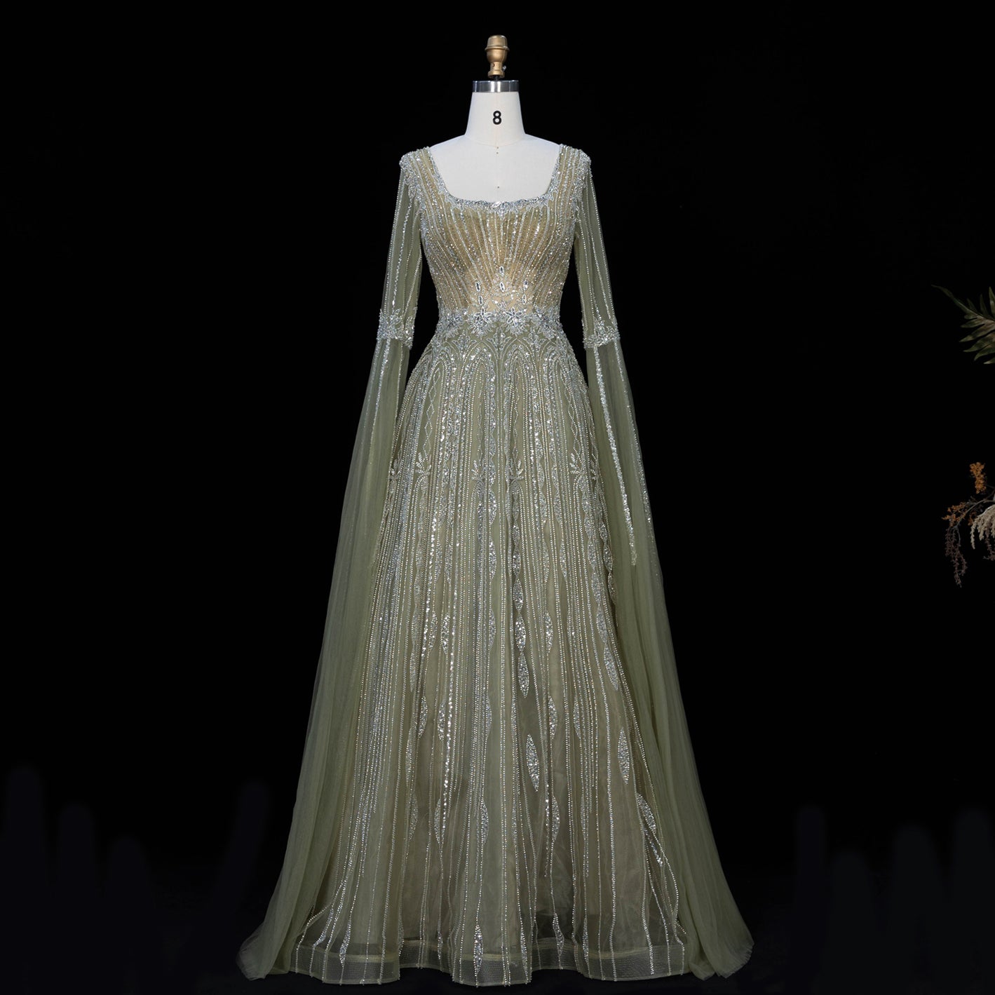 Sparkling Sequined Square Neck Long Sleeve A Line Evening Gown SS065 Sheer Fairy