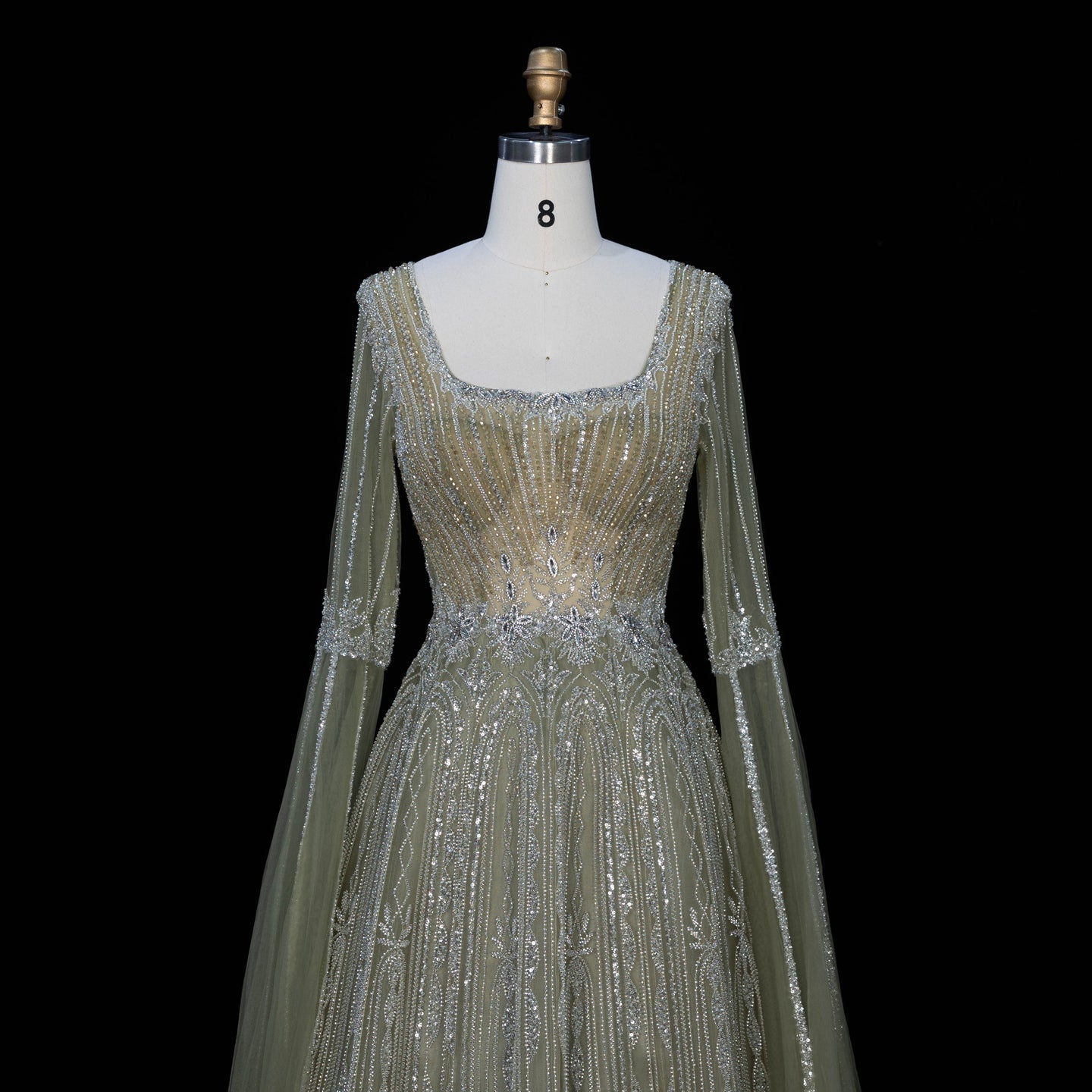 Sparkling Sequined Square Neck Long Sleeve A Line Evening Gown SS065 Sheer Fairy