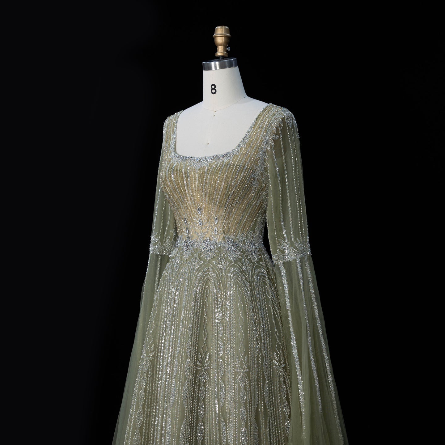 Sparkling Sequined Square Neck Long Sleeve A Line Evening Gown SS065 Sheer Fairy