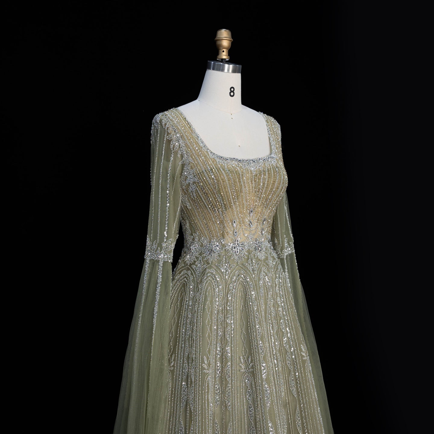 Sparkling Sequined Square Neck Long Sleeve A Line Evening Gown SS065 Sheer Fairy