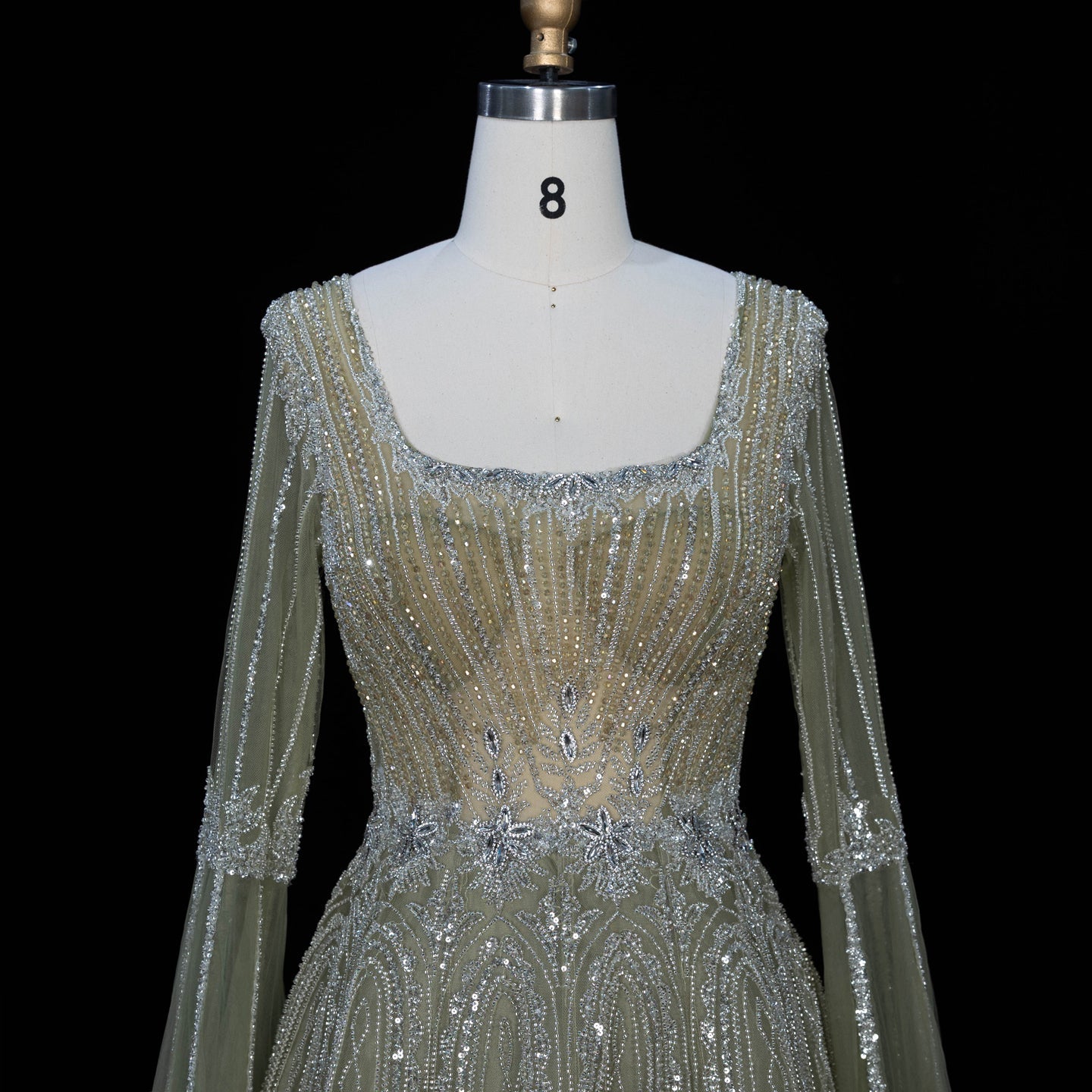 Sparkling Sequined Square Neck Long Sleeve A Line Evening Gown SS065 Sheer Fairy