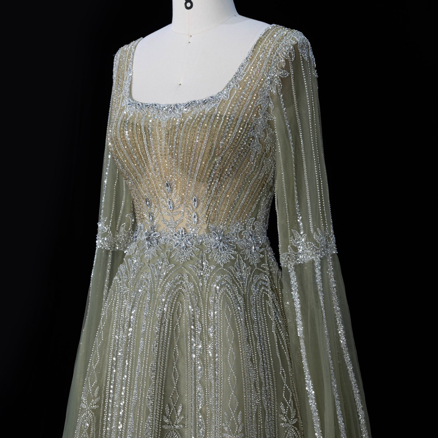 Sparkling Sequined Square Neck Long Sleeve A Line Evening Gown SS065 Sheer Fairy