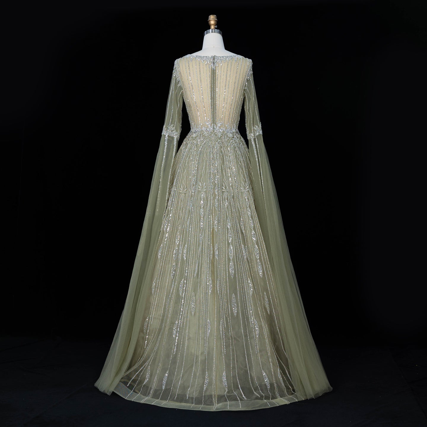 Sparkling Sequined Square Neck Long Sleeve A Line Evening Gown SS065 Sheer Fairy