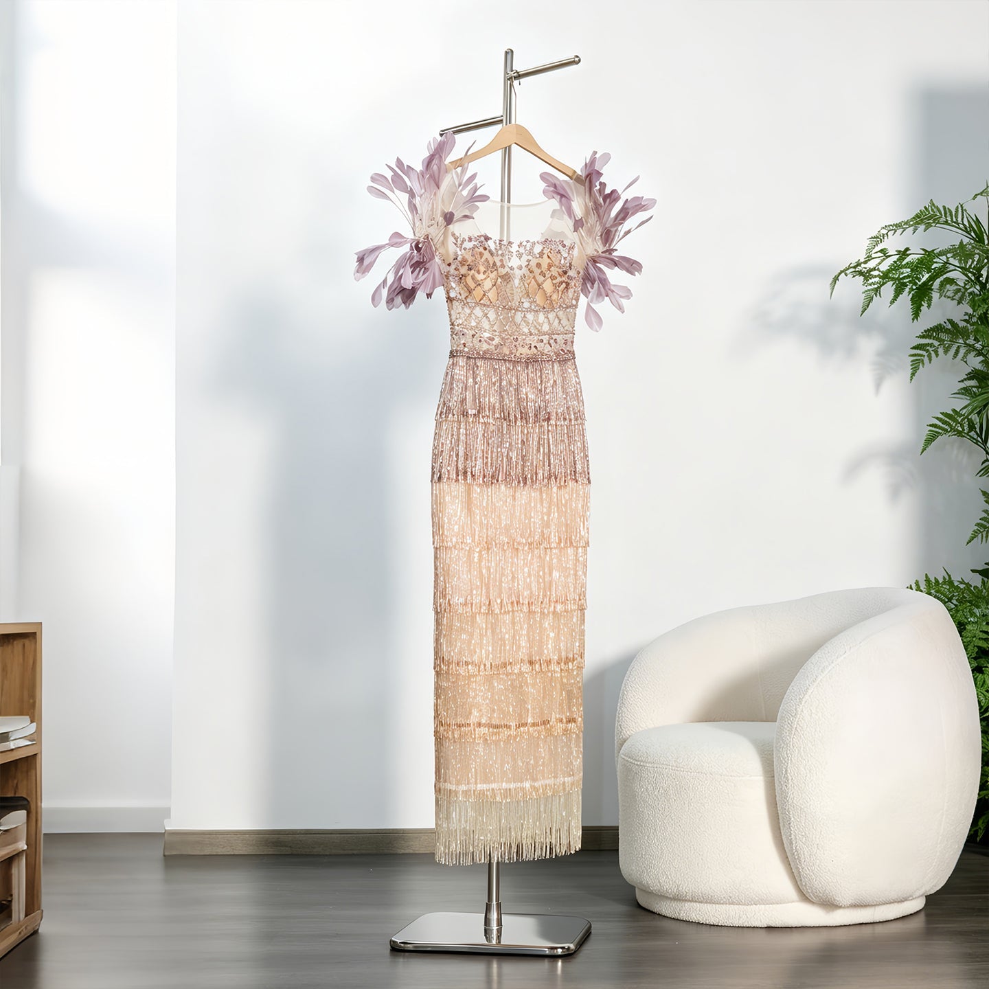 Sheer Lattice Beaded Tiered Fringe Lilac Evening Dress with 3D Floral SS379 Sheer Fairy